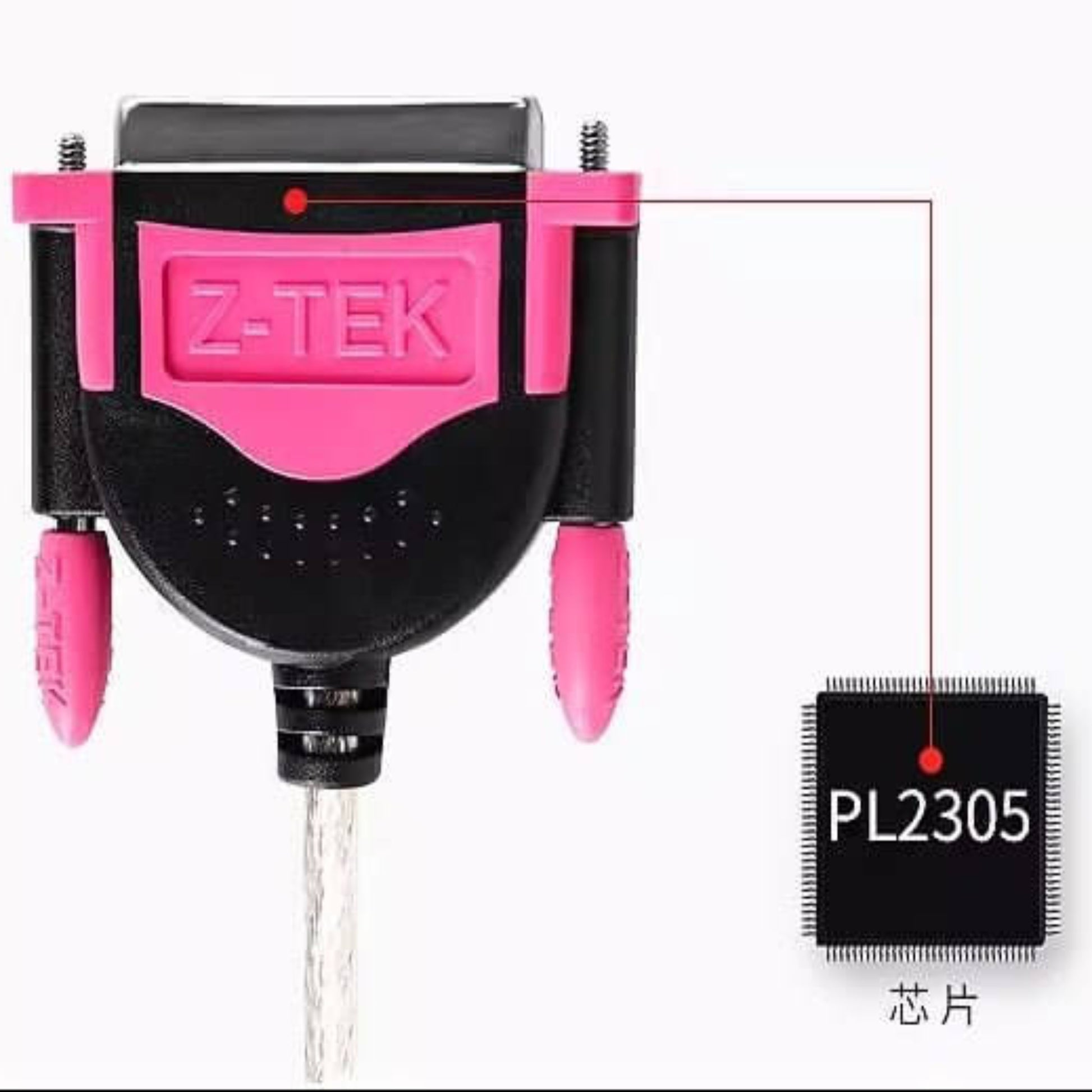 Z-Tek USB to Parallel DB25 cable showing PL2305 chip and USB connector for device connectivity.