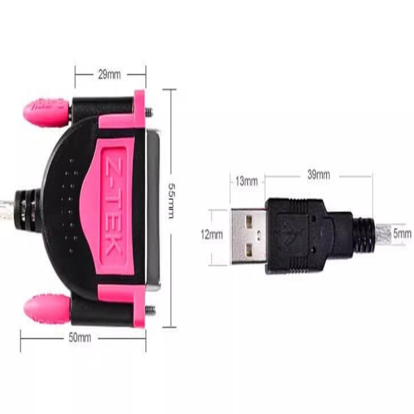 Z-Tek USB to Parallel printer cable ZE396C, dimensions and connectors shown, 1.5M length, pink and black design.