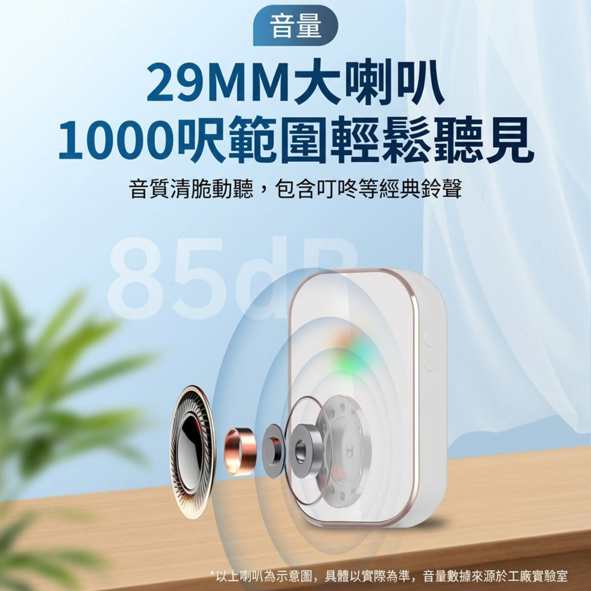 門鈴內置 29mm 大磁喇叭，支援 85dB 高音量，傳輸可覆蓋 1000 呎空間。