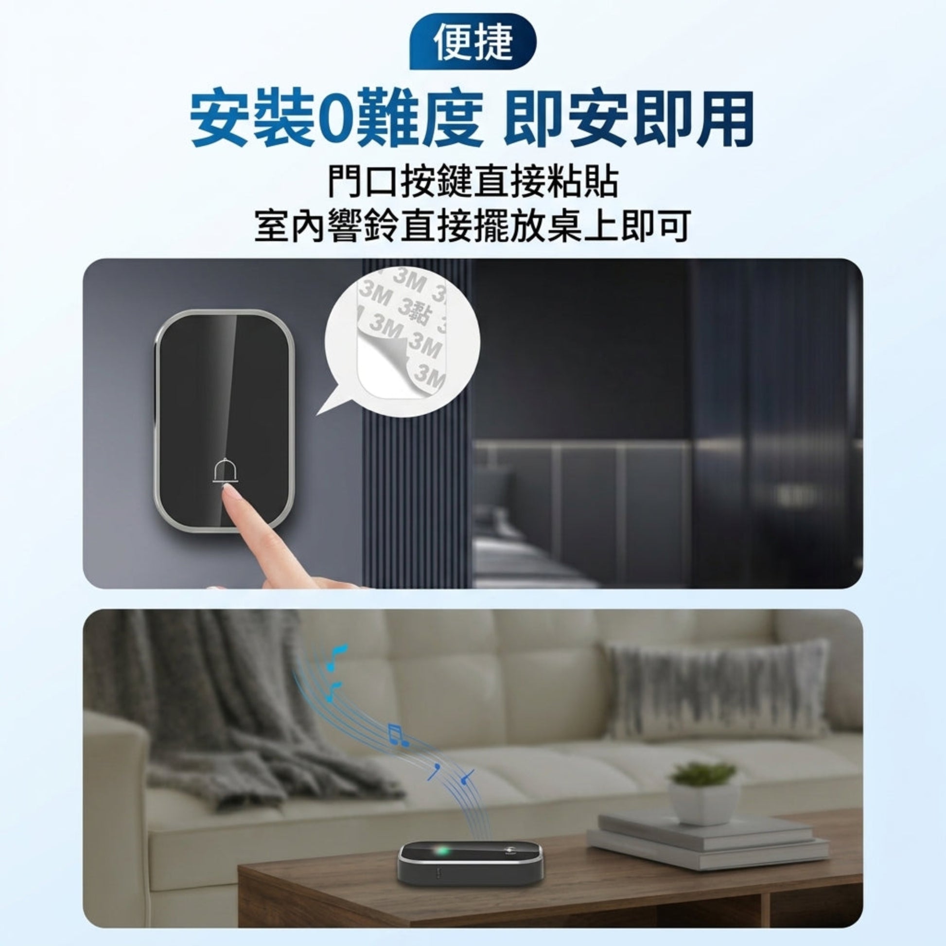 無線門鈴簡易安裝教學，門口按鍵附 3M 雙面膠貼即貼即用，接收器免安裝。