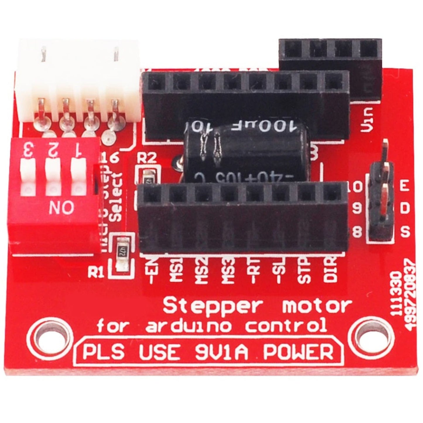 Detail of the 3-position DIP switch on the A4988 expansion board for microstepping resolution settings.