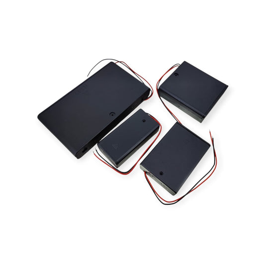 Four black AA battery holders of various sizes, including 2, 3, 4, and 8 slot options, all with leads.