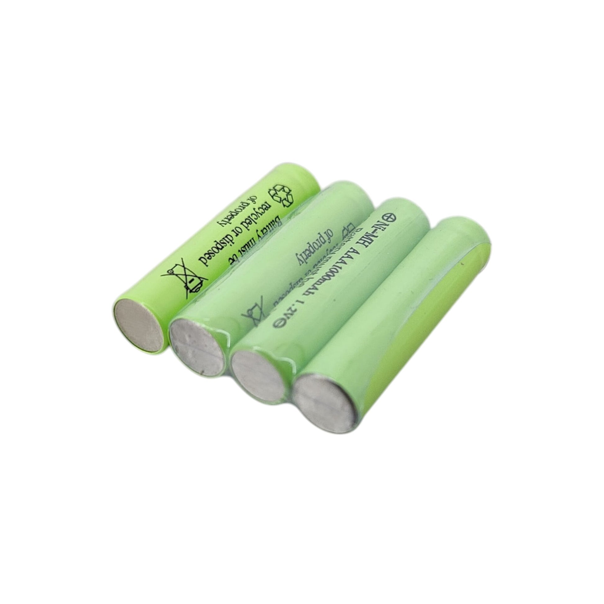 Close up of the positive and negative terminals on a Ni-MH AAA battery.