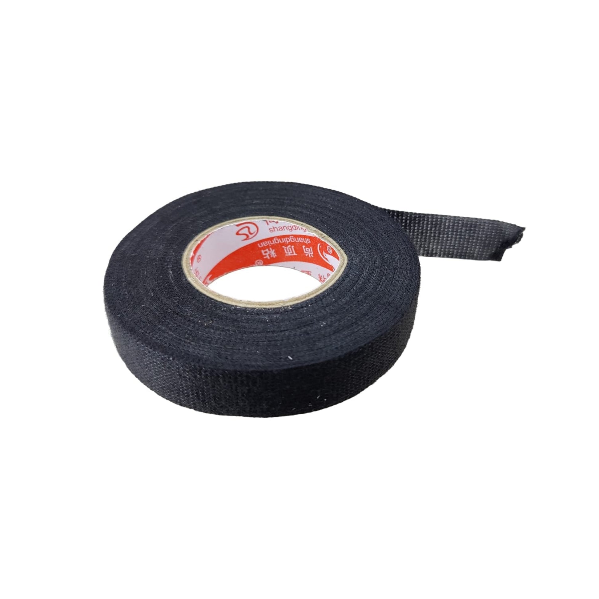 Close-up of black cloth tape texture showing abrasion-resistant fabric material.