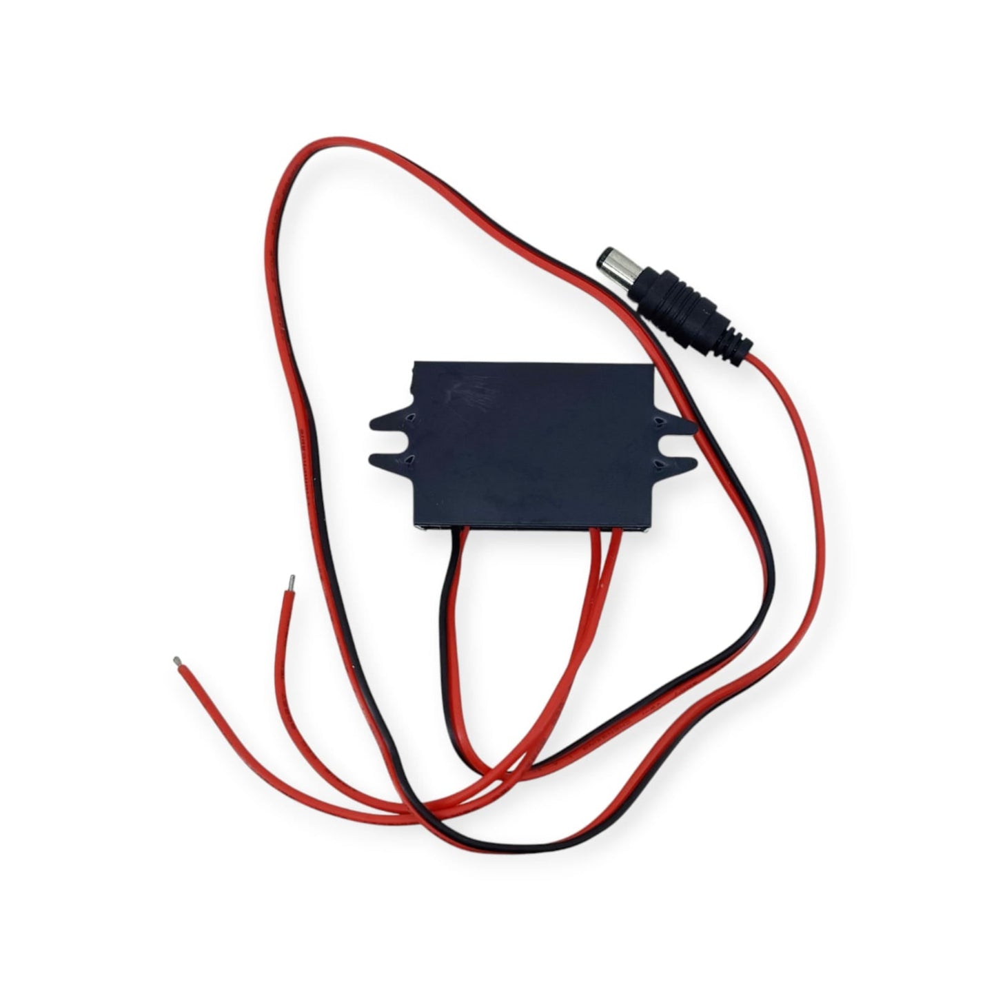 Top-down view of the 12V 2A 24W converter module, showing all input and output wires, including the 5.5mm DC barrel plug.