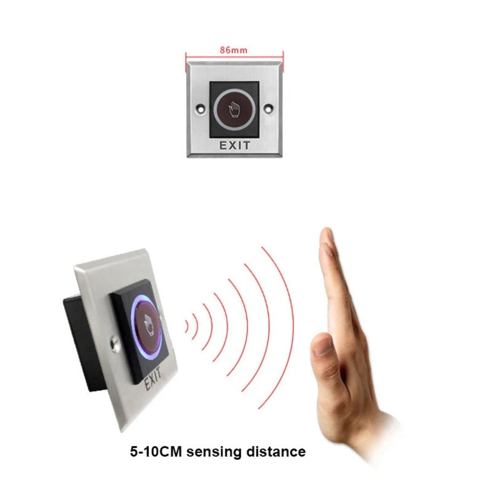 Diagram showing the 5-10cm sensing distance of the no-touch door release button.