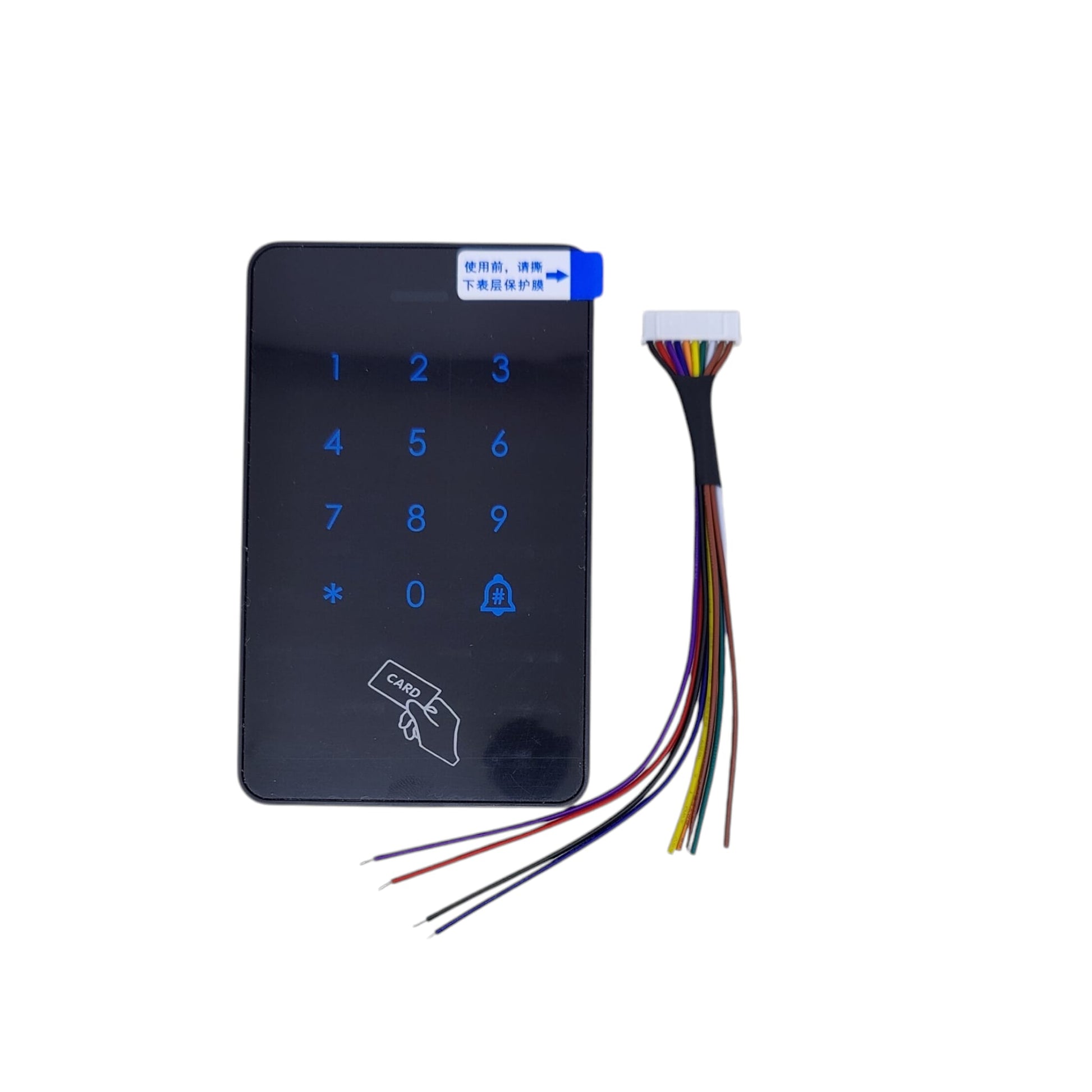 Smart door keypad shown with the included multi-colored 8-pin wiring harness for installation.