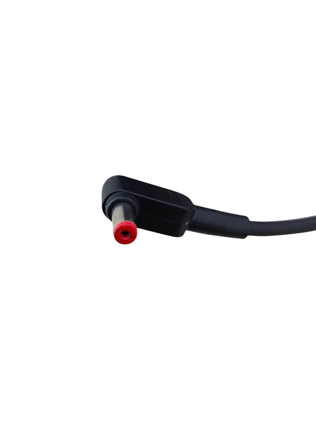 Close-up of a laptop charger connector with a black body and red tip, designed for Acer laptops.