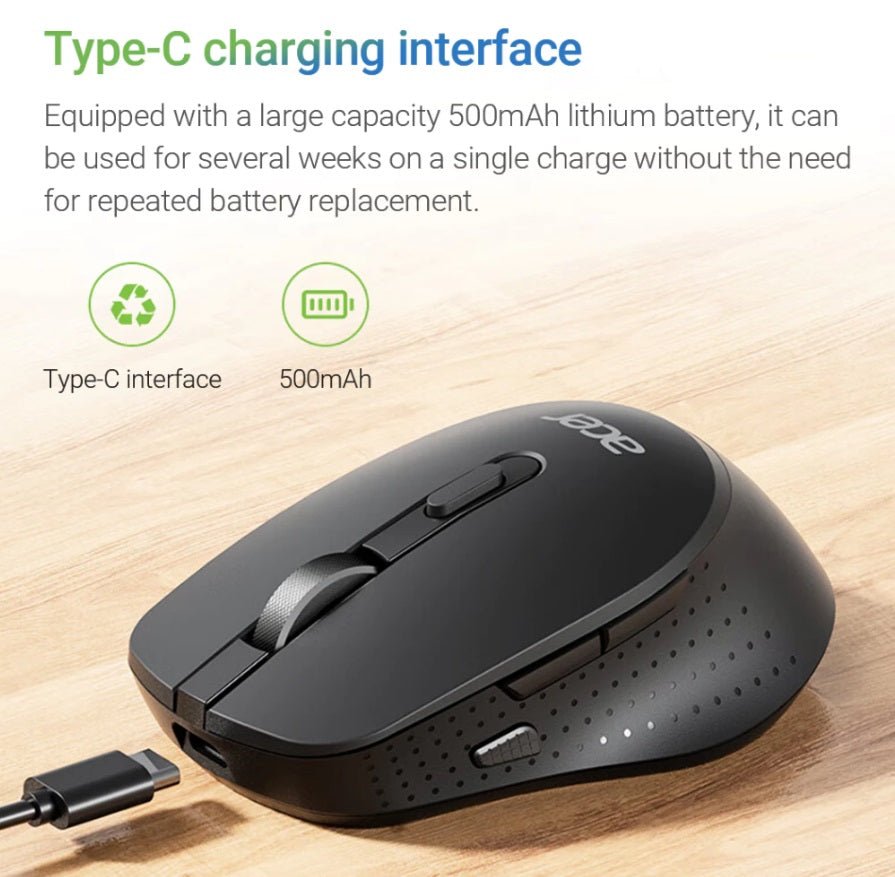 Acer M155 wireless mouse showcasing Type-C charging interface and 500mAh battery for long-lasting use.