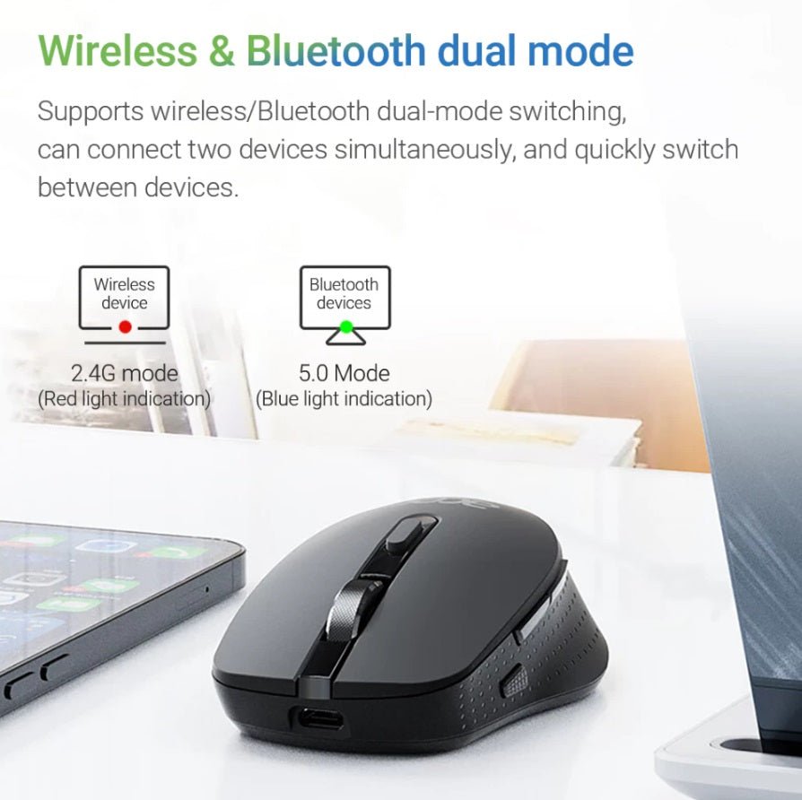 Acer M155 wireless mouse showcasing dual-mode connectivity with indicators for 2.4G and Bluetooth 5.0 options.