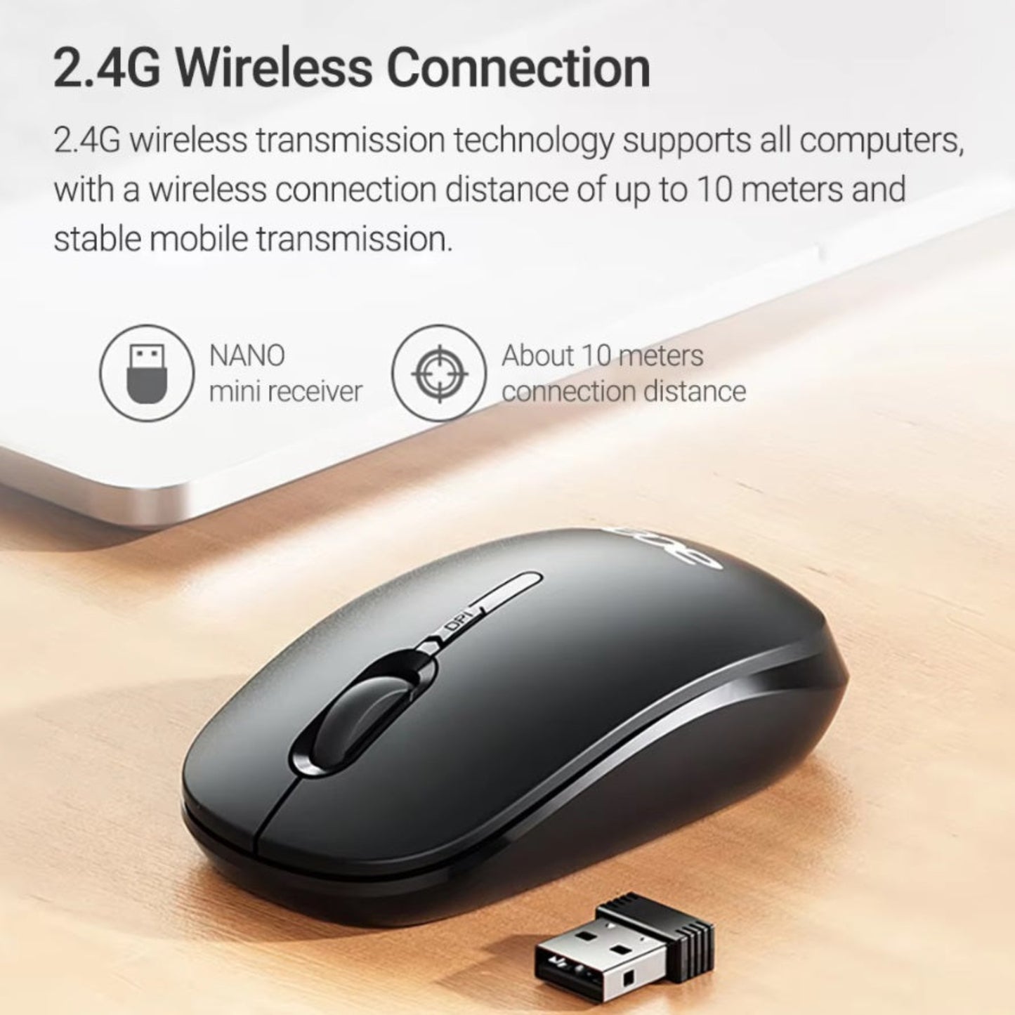 Ergonomic symmetrical design of Acer wireless mouse showing hand comfort