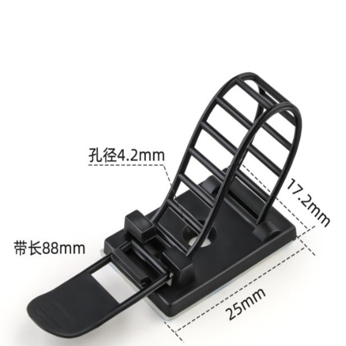 A diagram showing the dimensions of the ACT22 cable clip: 88mm strap, 25mm base, 17.2mm loop height, and 4.2mm screw hole.