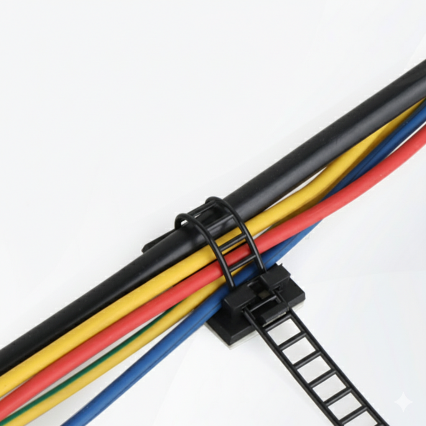 An ACT22 adjustable cable clip mounted to a white surface, neatly bundling several colorful computer wires.