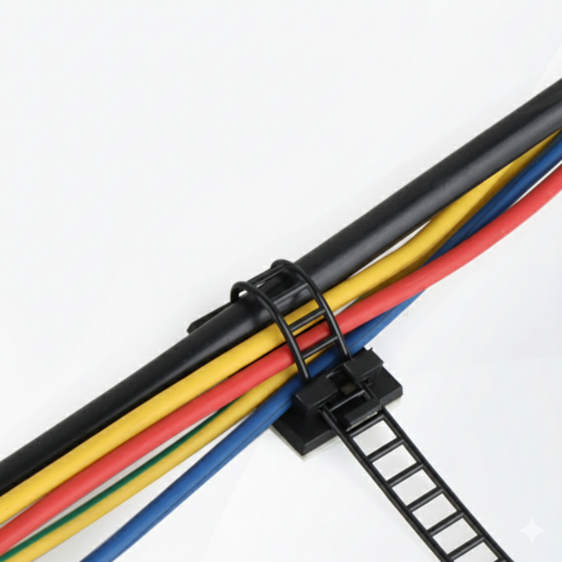 An ACT22 adjustable cable clip mounted to a white surface, neatly bundling several colorful computer wires.