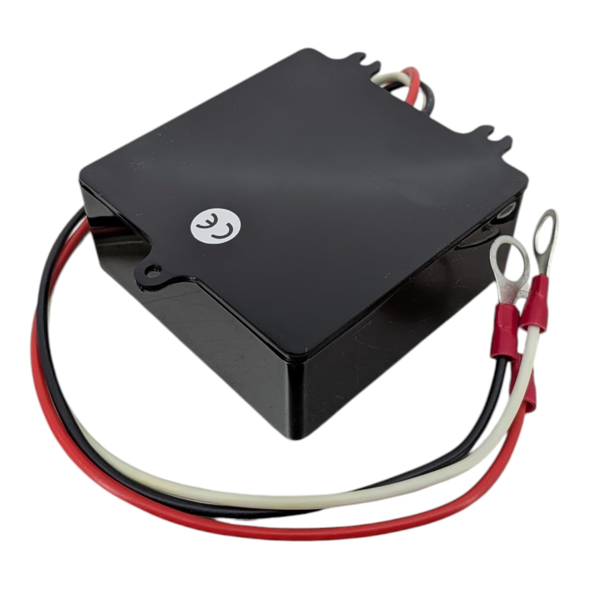 Back view of the black HA01 active battery balancer module, designed for 2x 12V series battery banks.