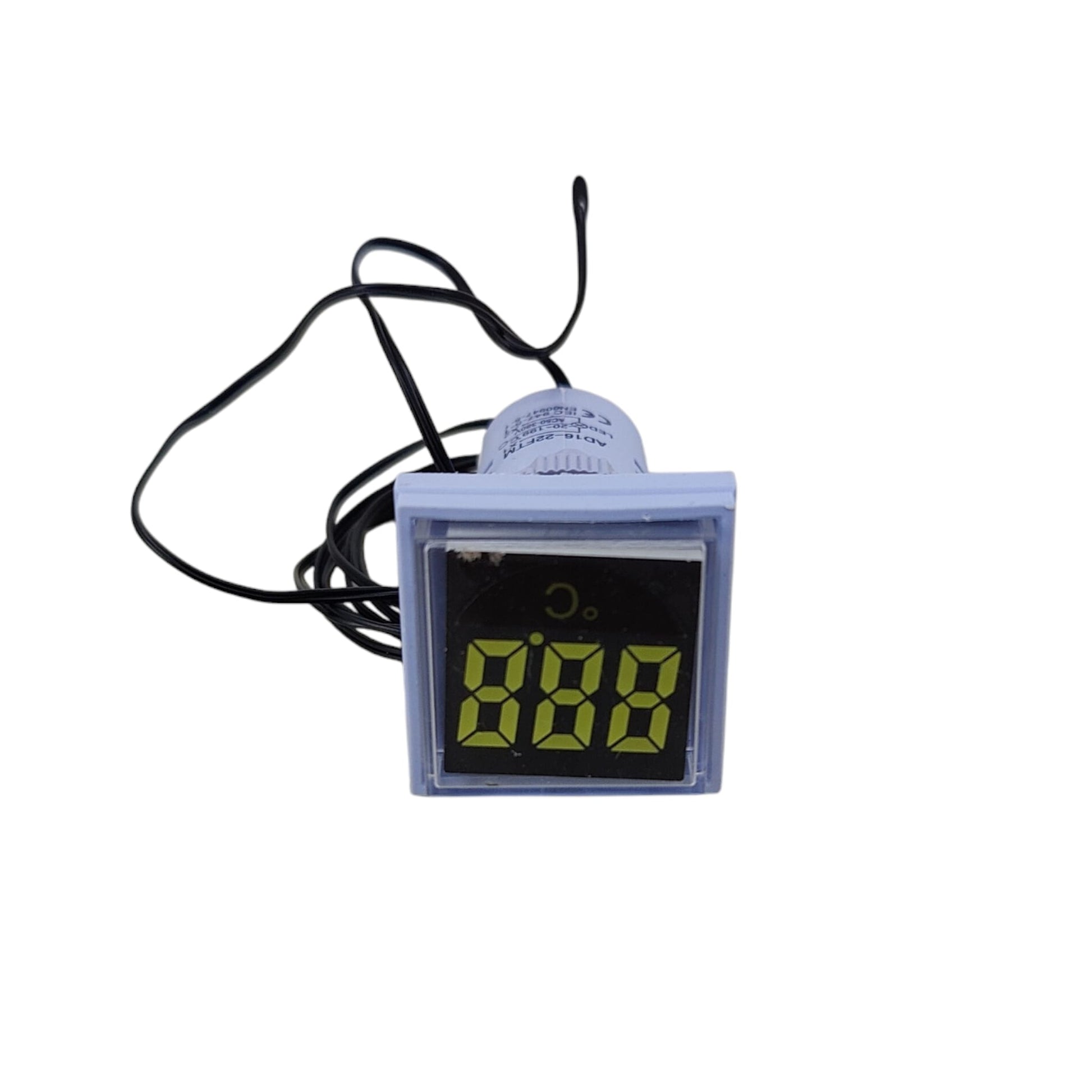 AD16-22FTM panel meter with the included wired temperature sensor probe.