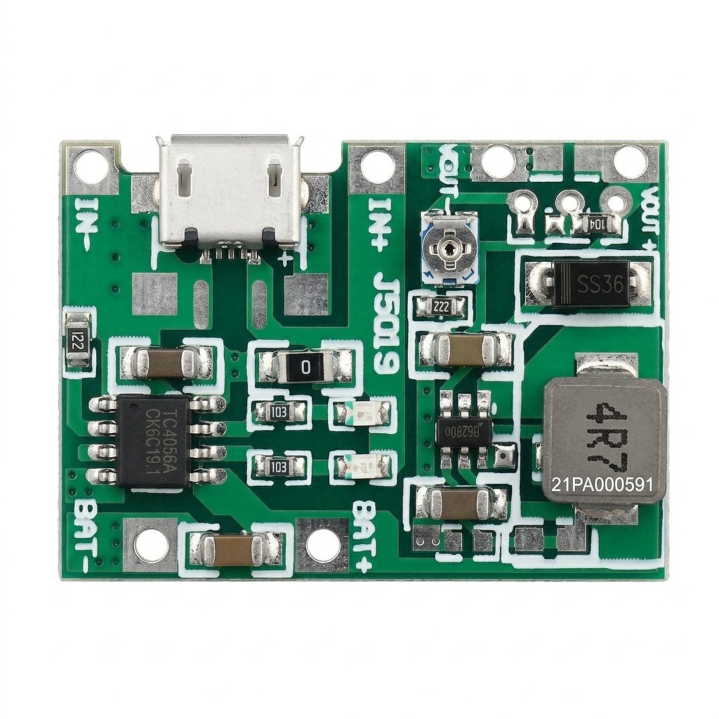 Top view of the green Adjustable 3.7V Lithium Battery Boost Charger Module (5-27V Output) circuit board.