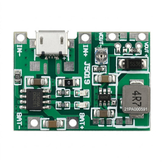 Top view of the green Adjustable 3.7V Lithium Battery Boost Charger Module (5-27V Output) circuit board.