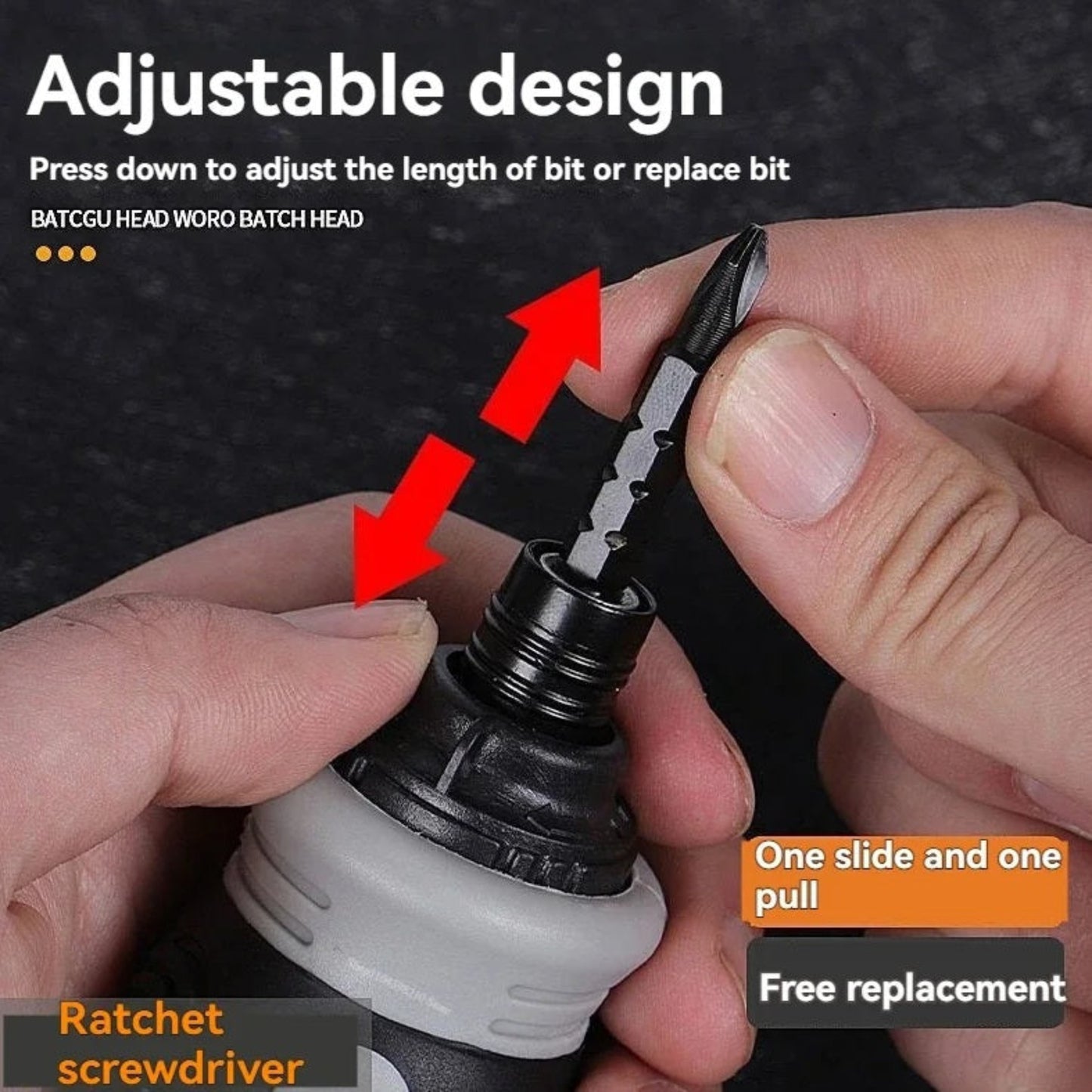 Close-up showing how to adjust the screwdriver bit length by pressing down on the collar.