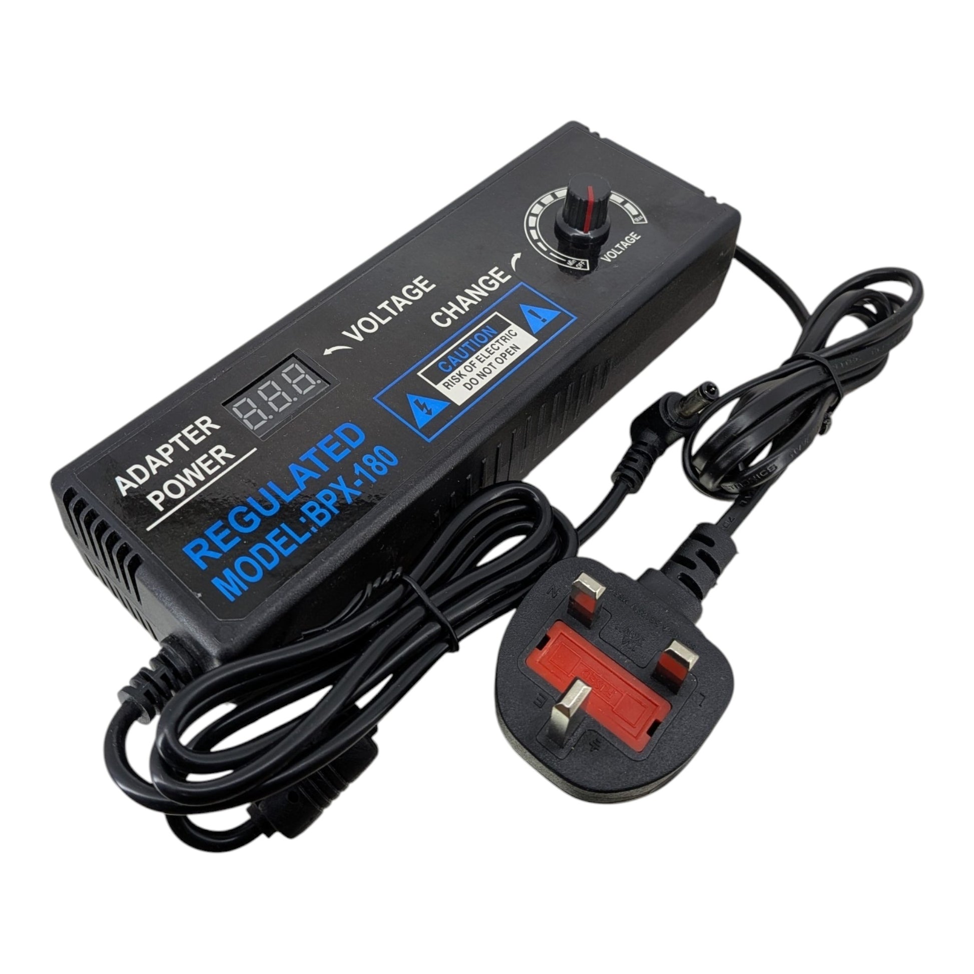 Top view of black adjustable 3-24V 5A power supply adapter with red LED display and UK 3-pin plug.