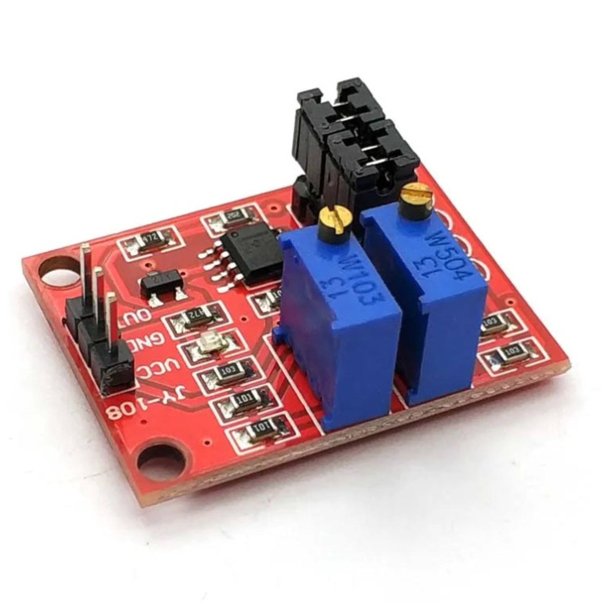 LM358 Pulse Generator Module with blue potentiometers for adjustable frequency and duty cycle.