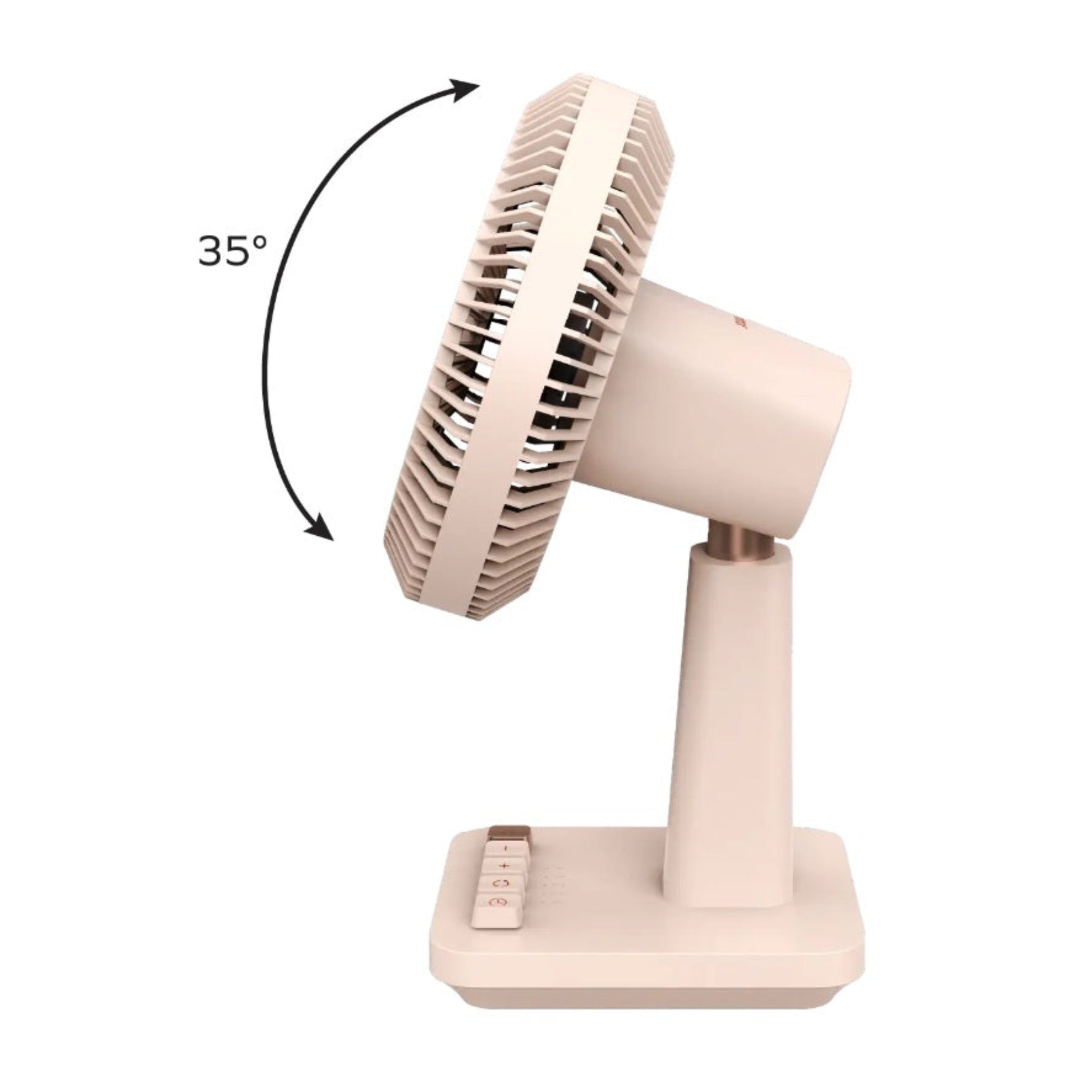 Side profile showing the 35 degree vertical tilt capability of the Momax desktop fan.