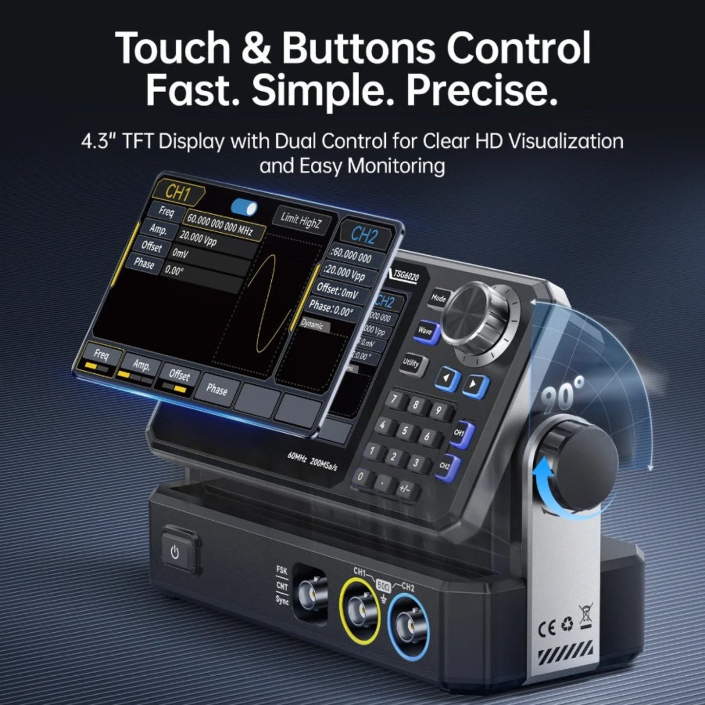 TSG6020 4.3 inch TFT display tilted at 90 degrees showing touch and button controls.
