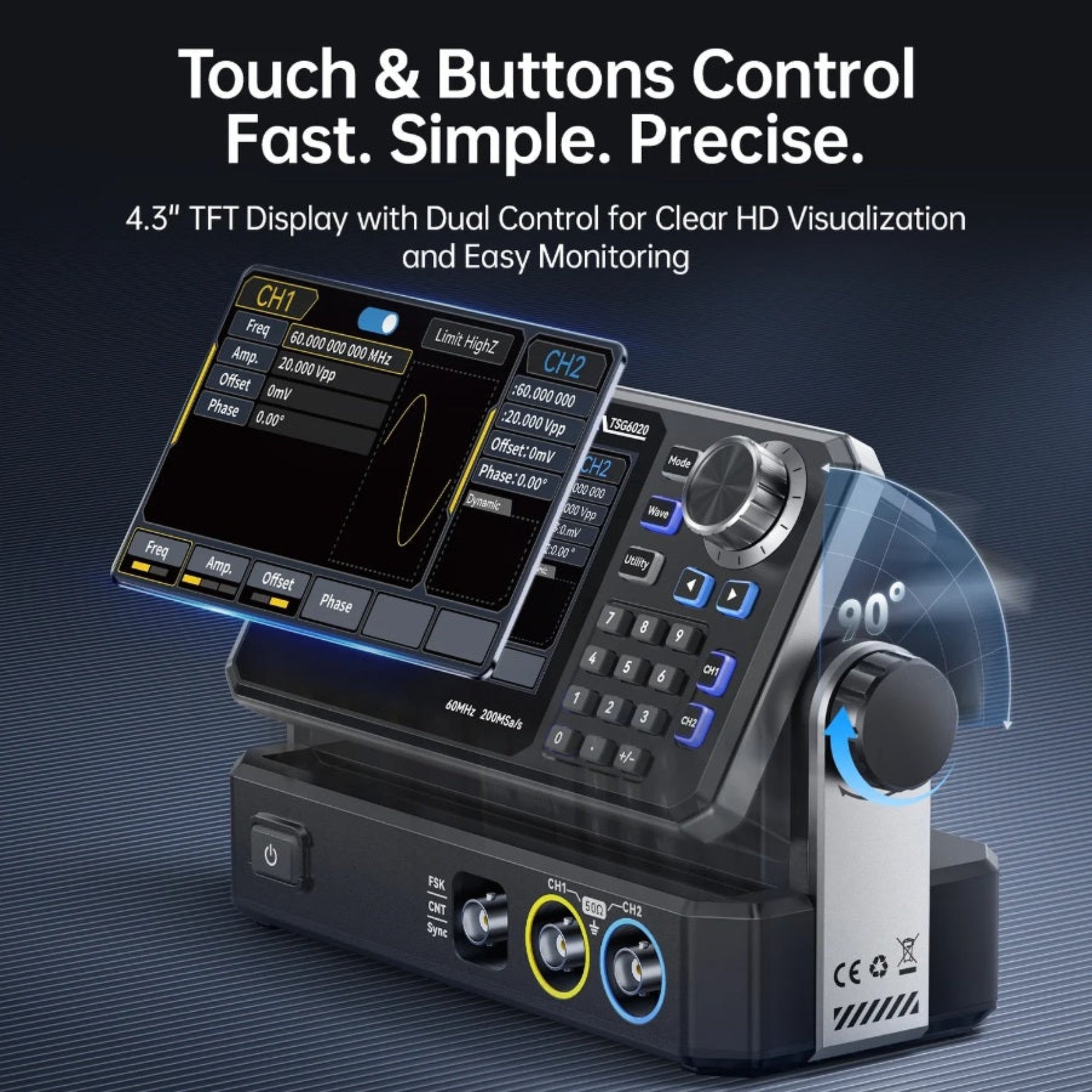 TSG6020 4.3 inch TFT display tilted at 90 degrees showing touch and button controls.
