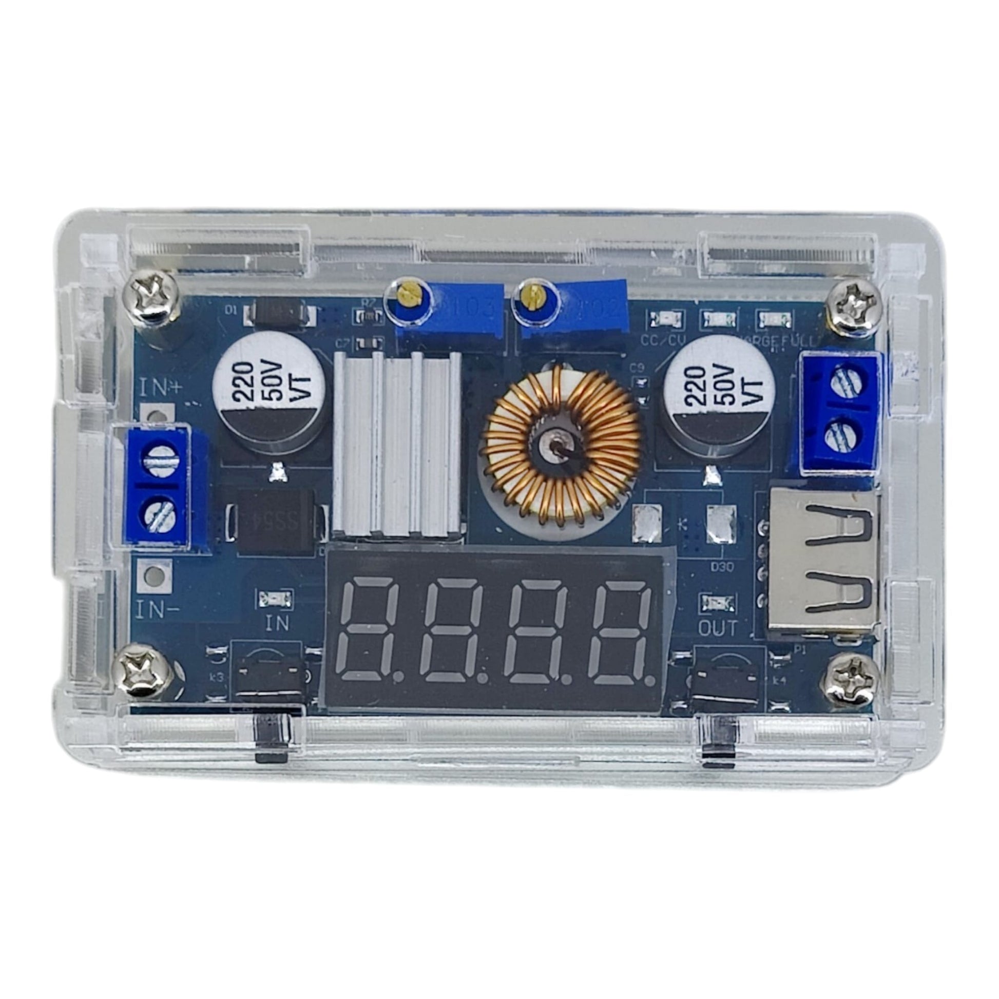 Front view of the adjustable voltage regulator highlighting the bright 4-digit digital LED screen.