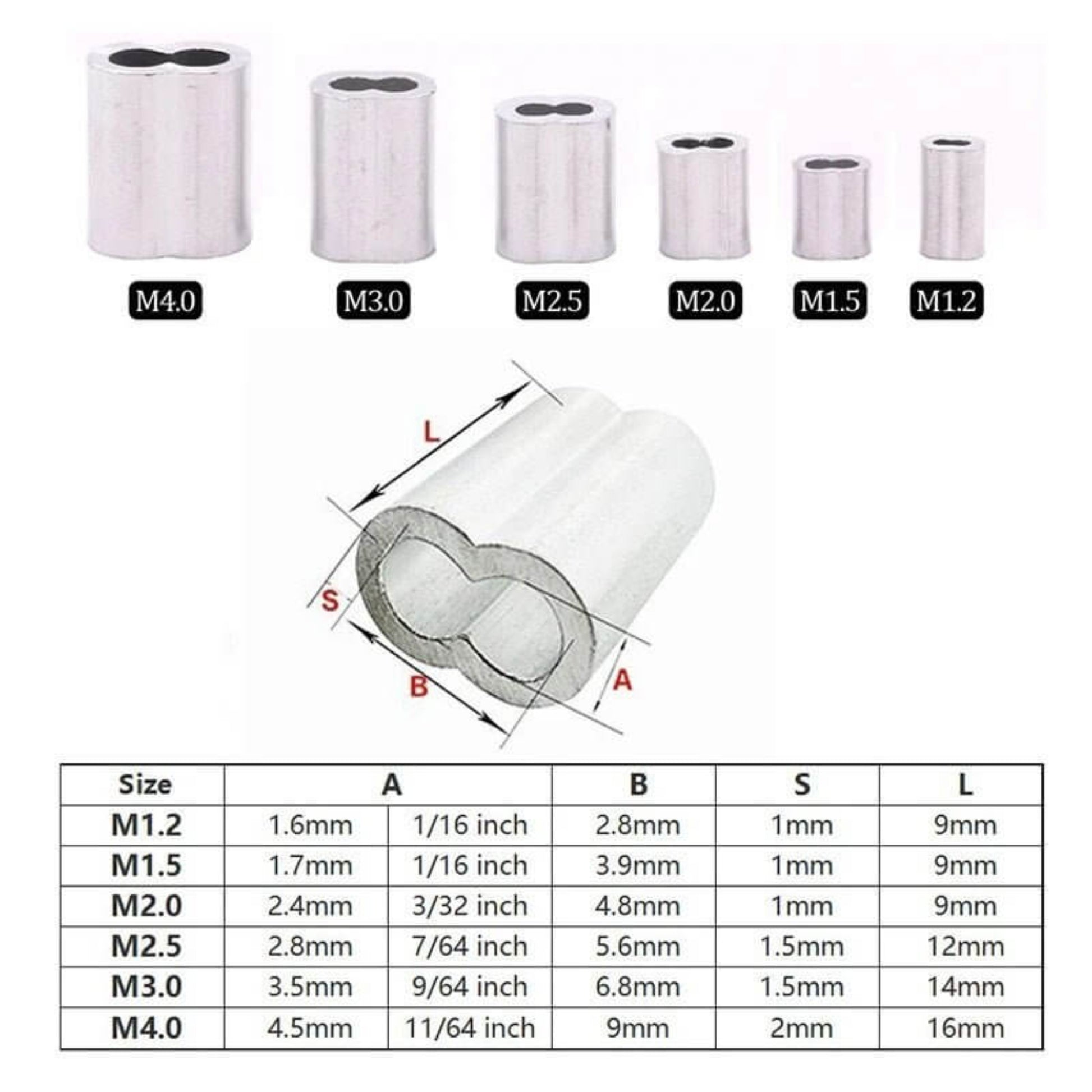 Size chart detailing the dimensions for M1.2 to M4 aluminum double barrel crimp sleeves.