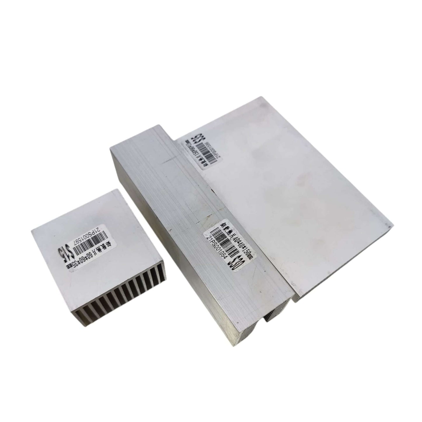 Three sizes of aluminum heat sinks shown together for comparison. For passive cooling of electronics and LED systems.