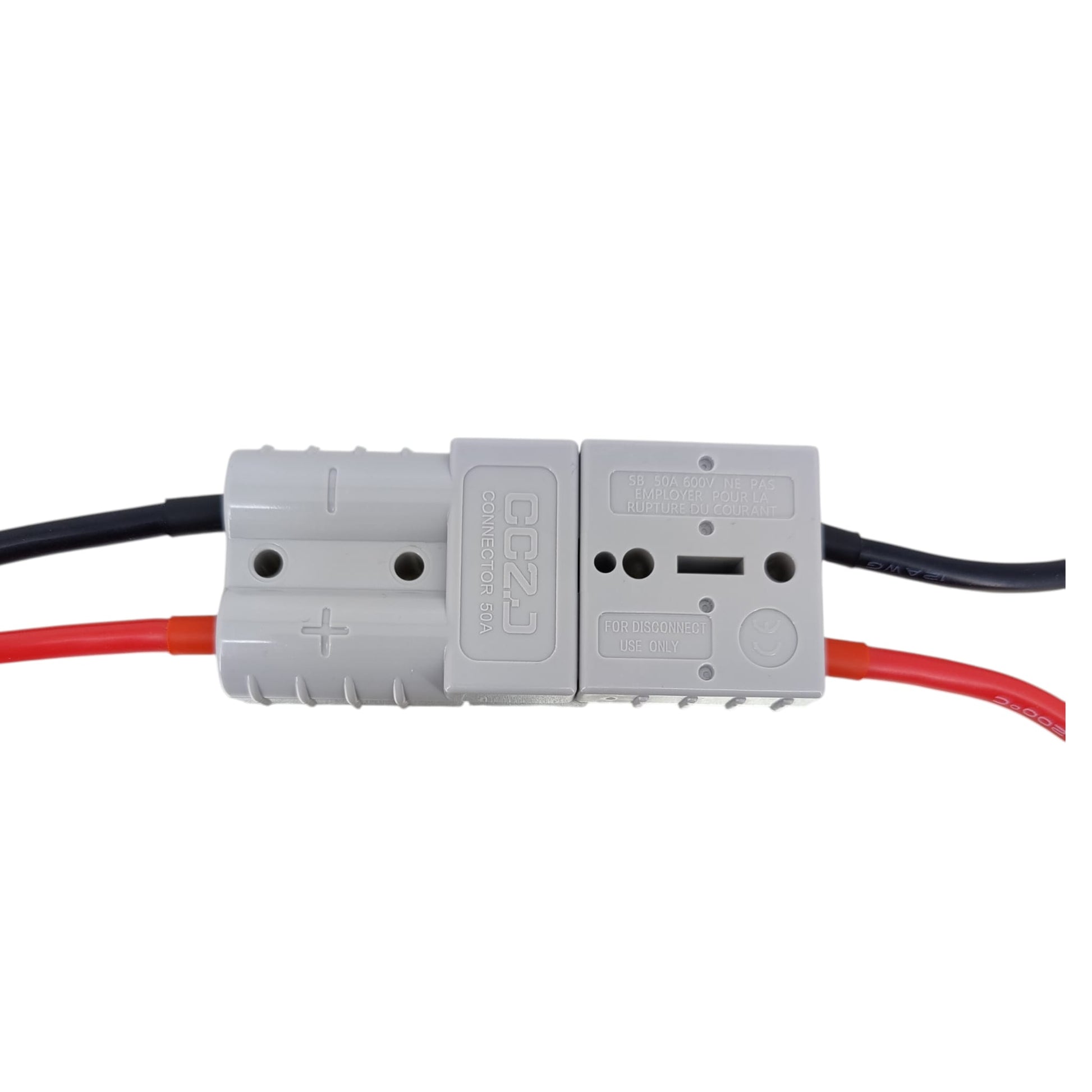 Two gray 50A Anderson connectors showing genderless mating design