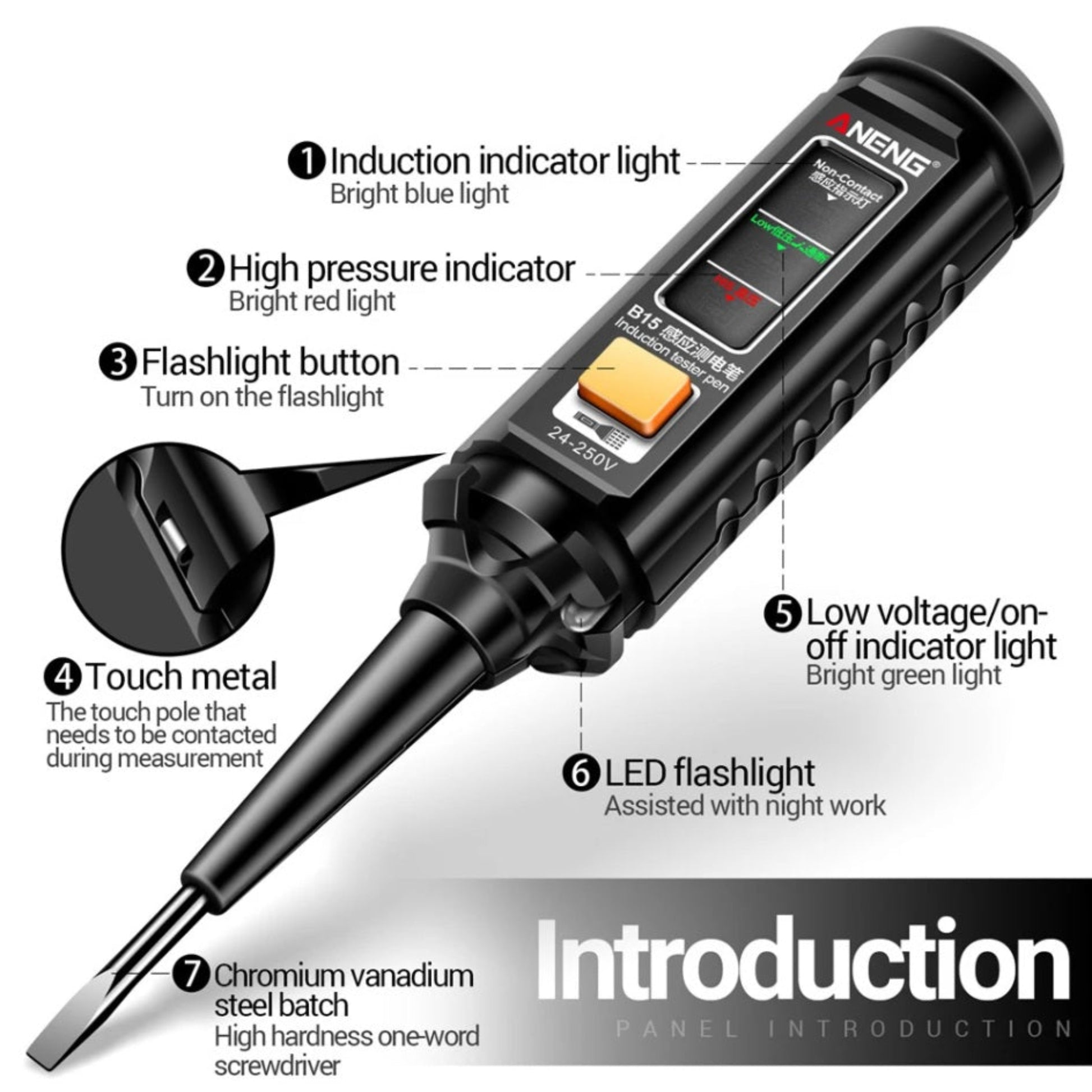 ANENG B15 測電筆功能圖解，顯示 LED 照明燈、感應指示燈及一字螺絲批頭。新昌電腦實體店現貨發售。