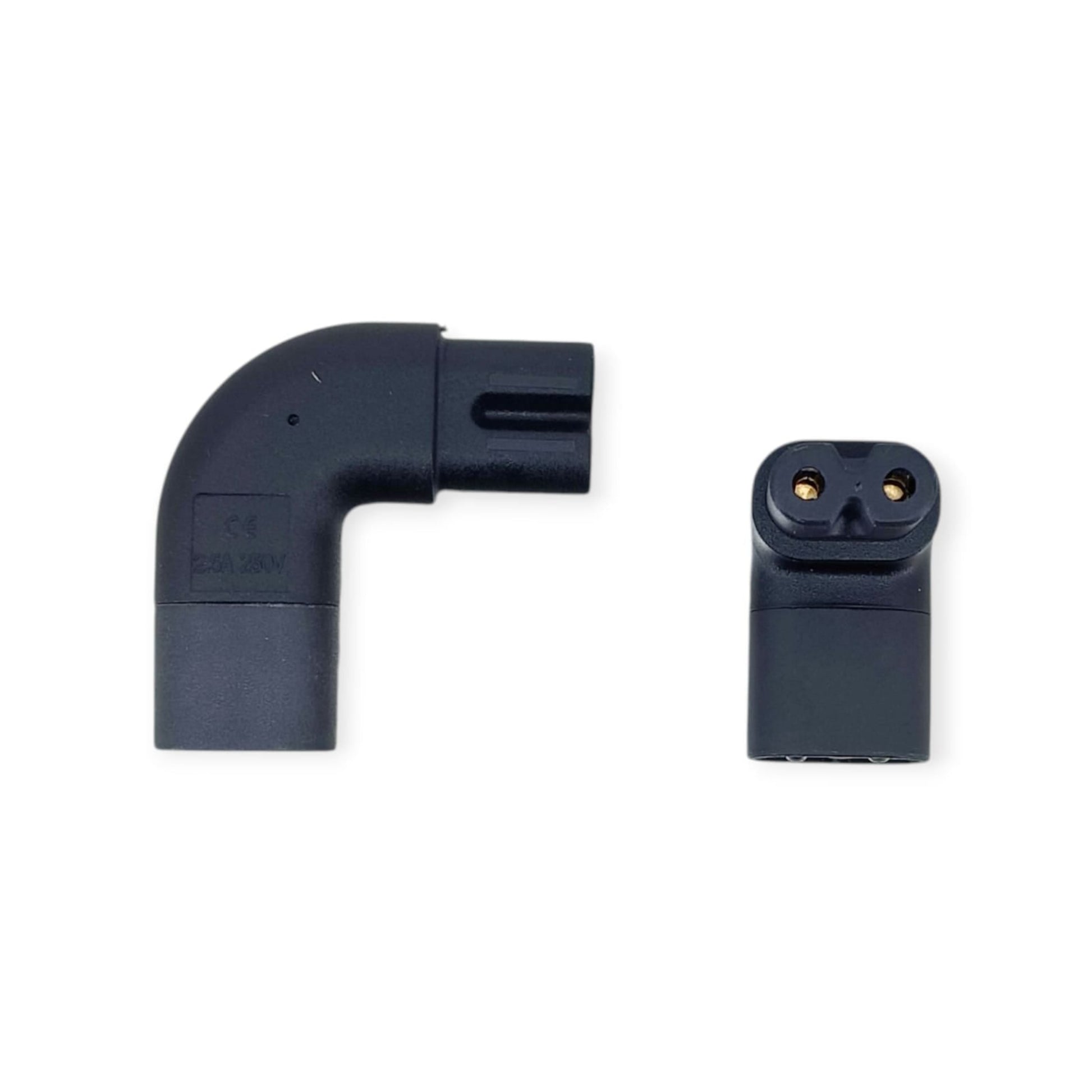 Angled C7 to C8 power adapters, showing a 90-degree L-shape and a front-on view of the C8 male pins.