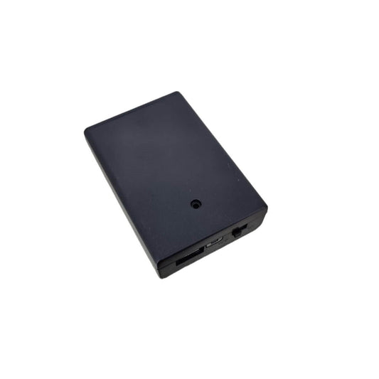 Angled top-down view of the compact black 3xAA battery box with a USB power output.
