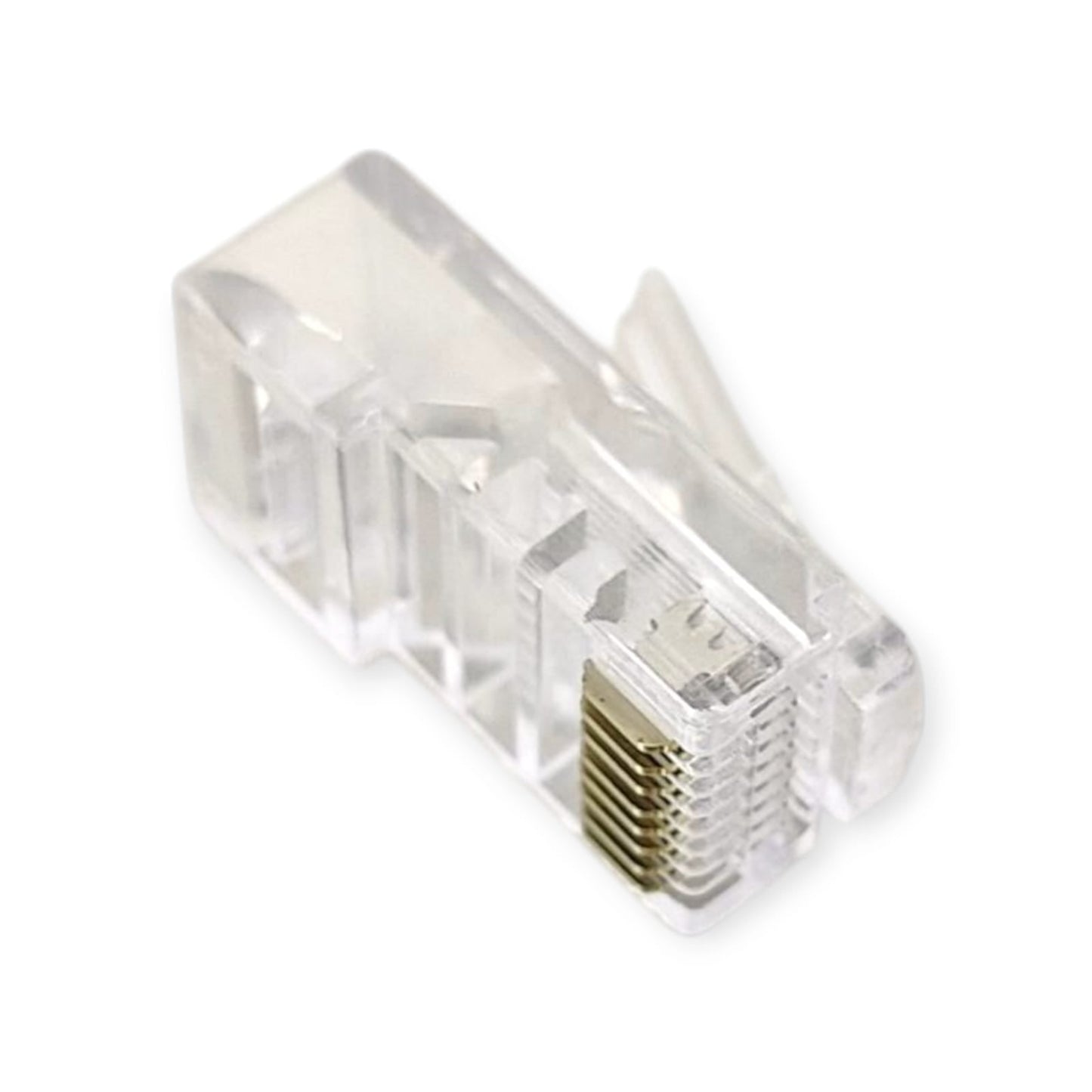 Close-up side view of a single RJ45 pass-through CAT5 connector, showing the internal wire channels and locking tab.