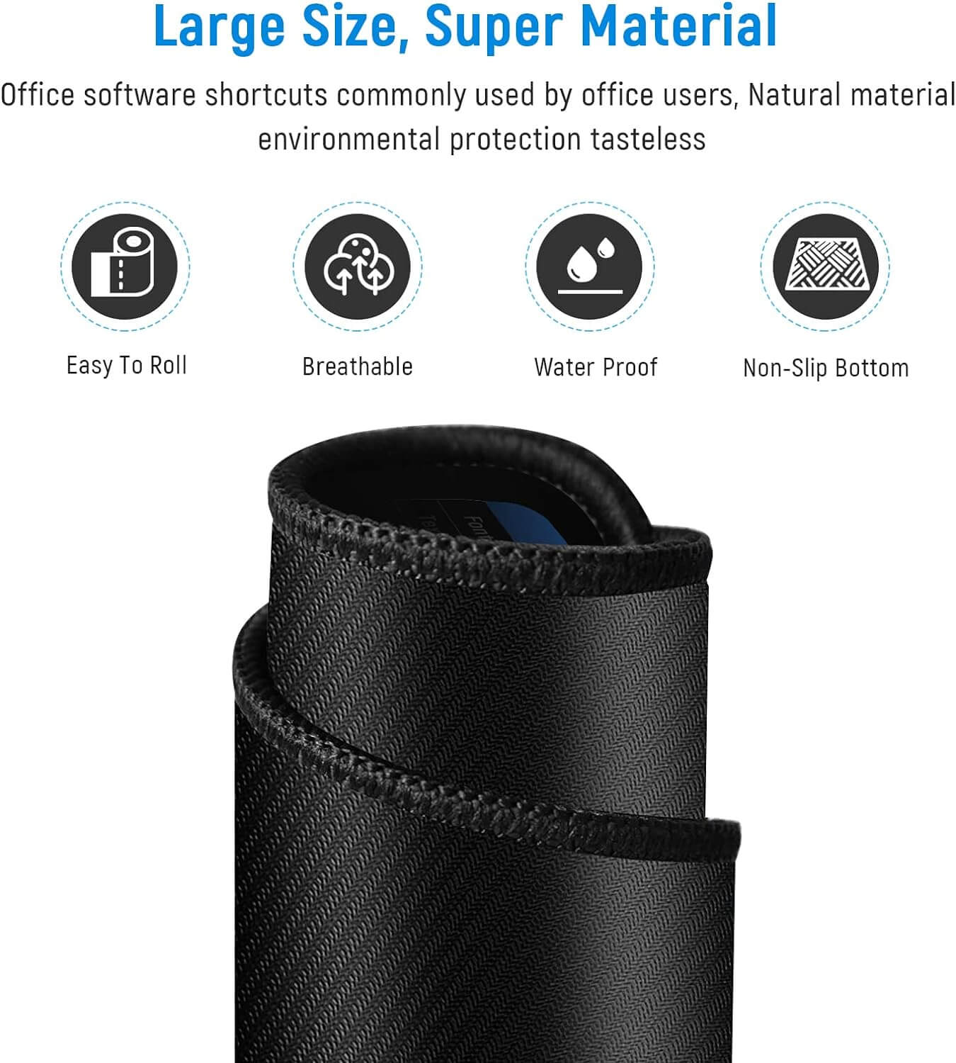 Large non-slip mouse pad with office shortcuts, waterproof, breathable, eco-friendly material for efficient work.