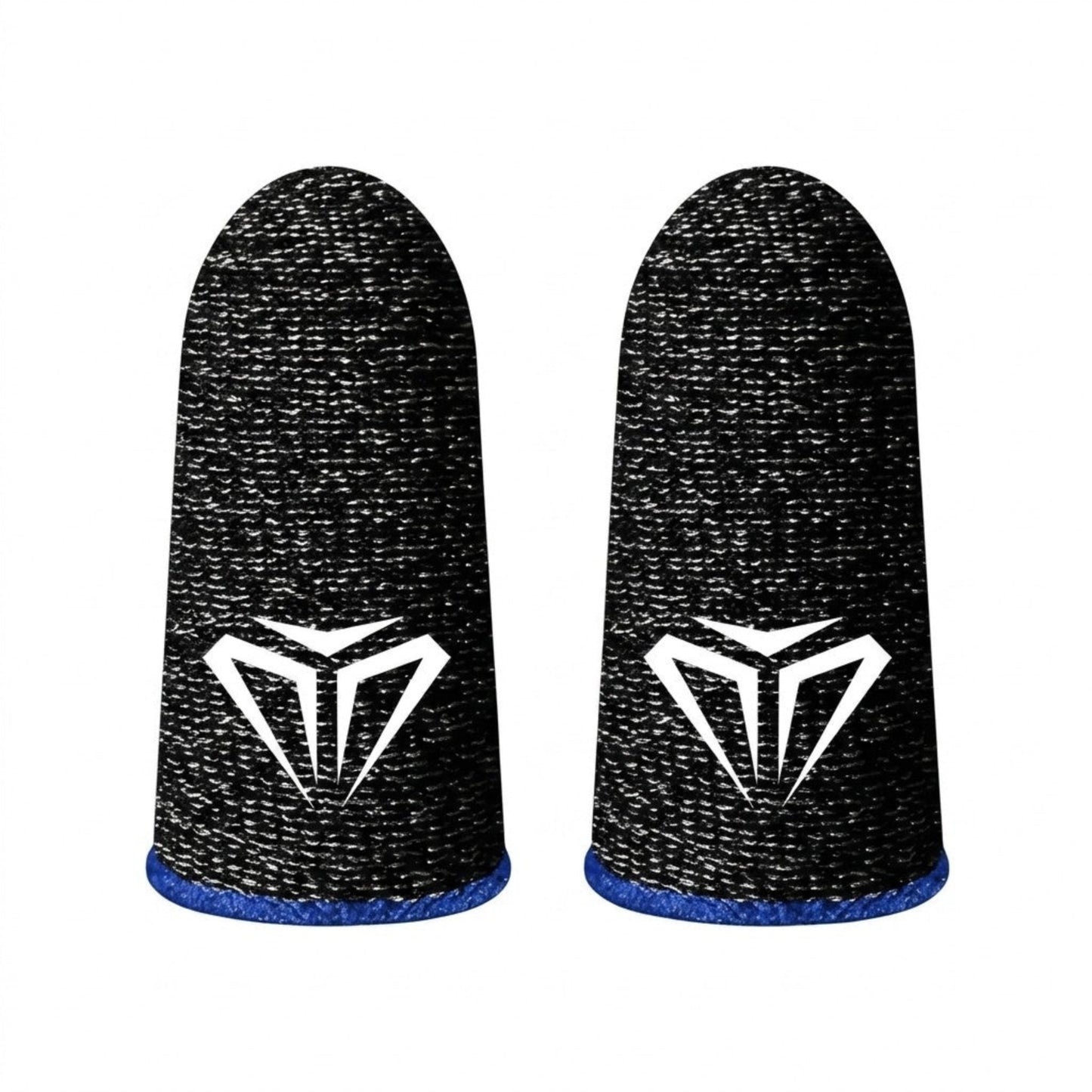 A pair of black anti-sweat gaming finger sleeves with blue trim, featuring a sleek gamer logo on the front.