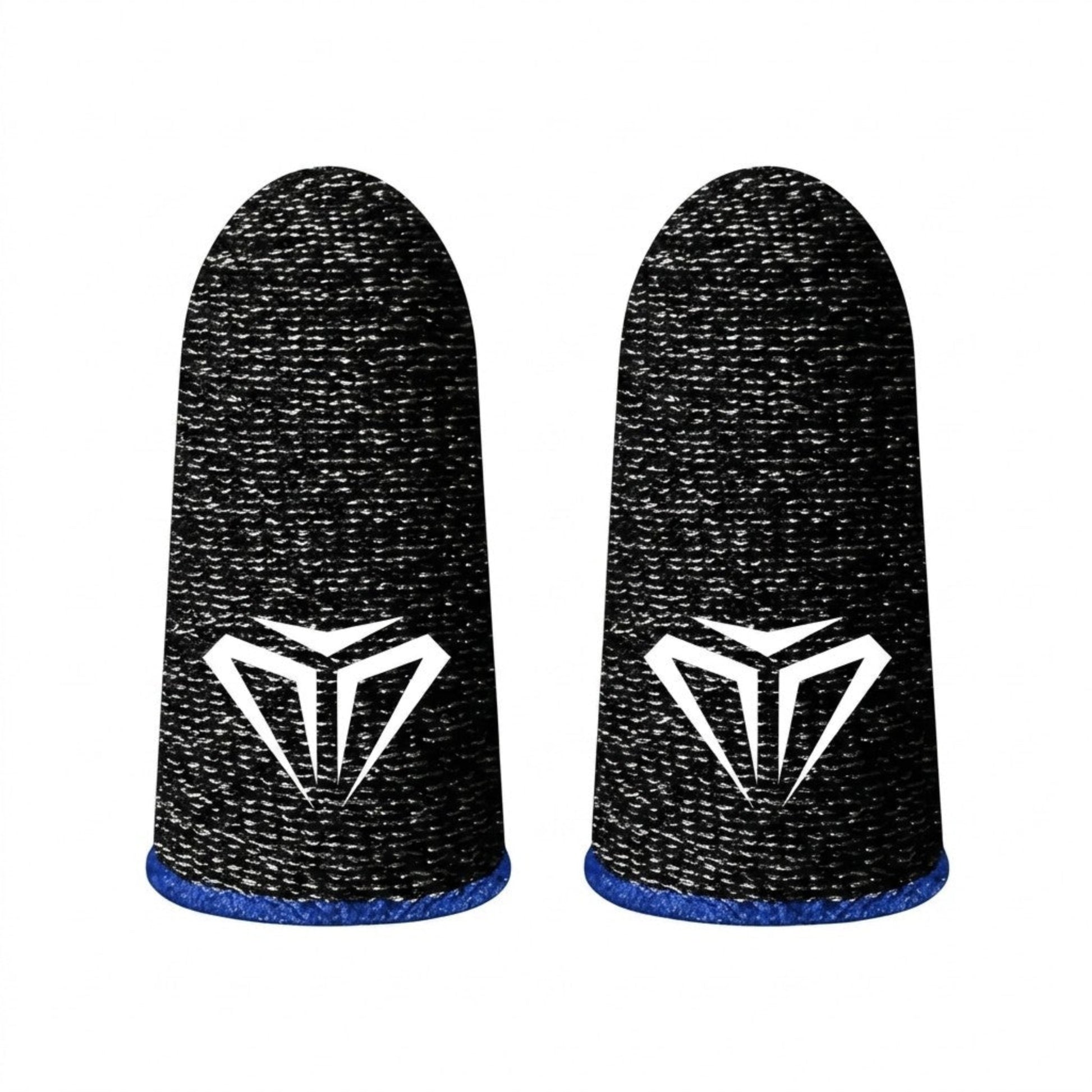 A pair of black anti-sweat gaming finger sleeves with blue trim, featuring a sleek gamer logo on the front.