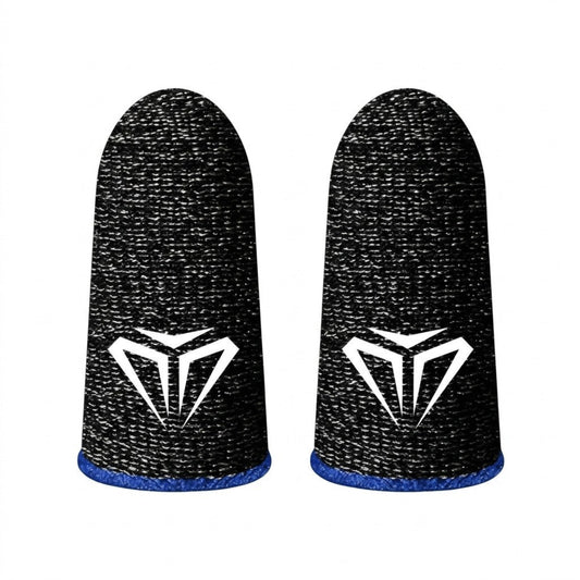 A pair of black anti-sweat gaming finger sleeves with blue trim, featuring a sleek gamer logo on the front.
