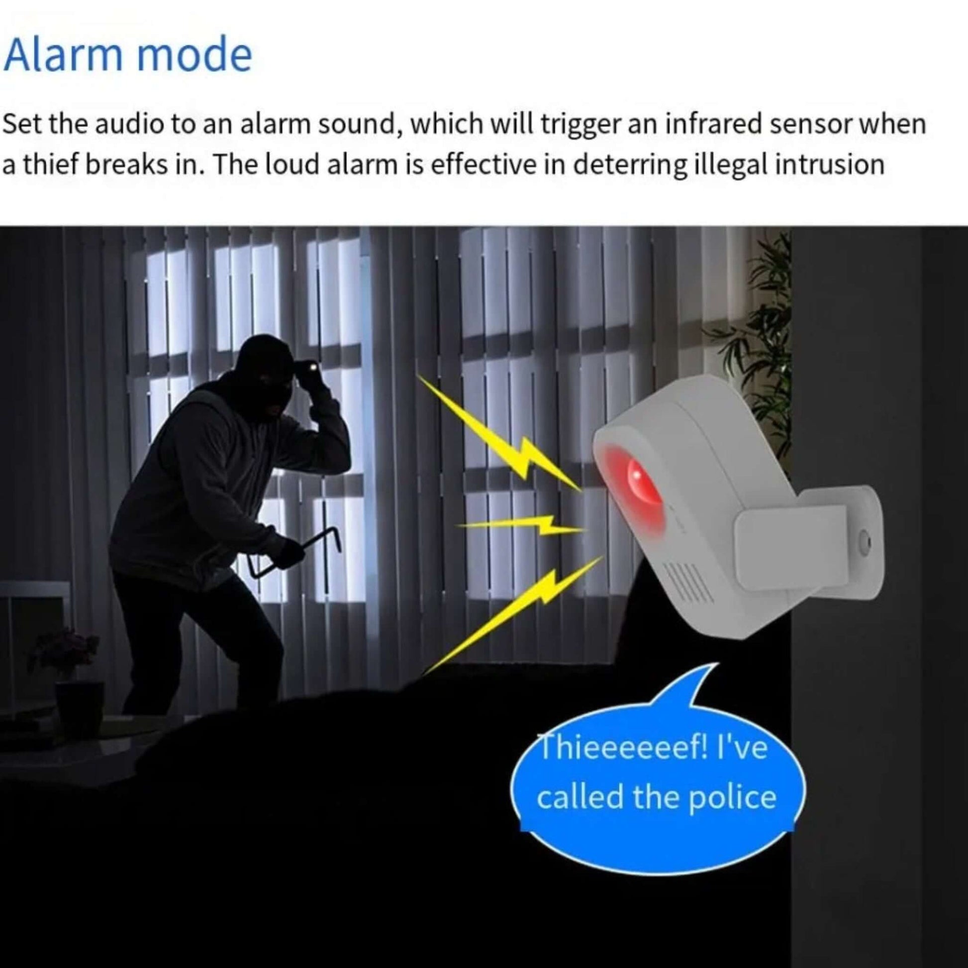 The motion sensor in anti-theft alarm mode, detecting a burglar with a flashing red light and a loud, custom alert message.