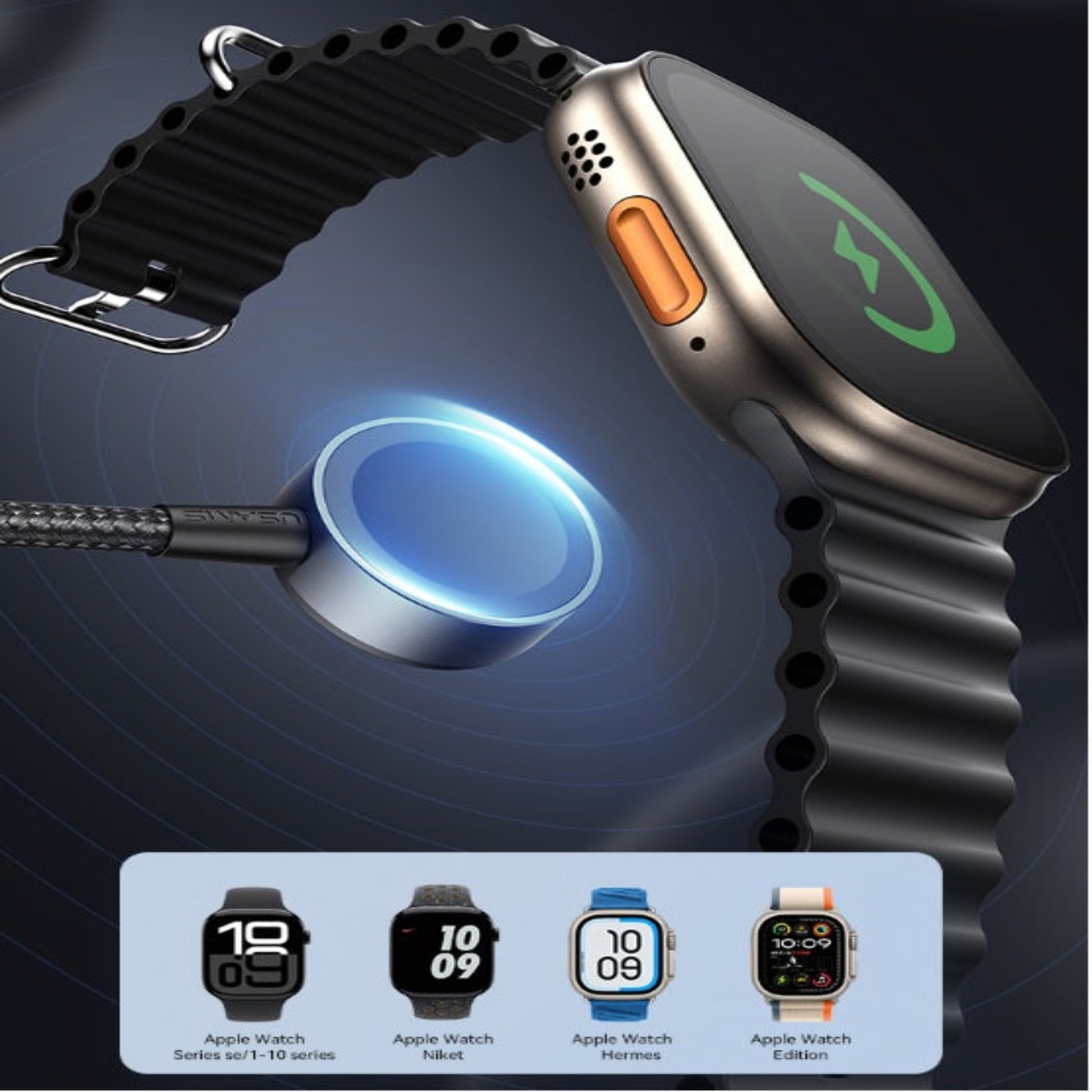 Strong magnetic wireless charger for Apple Watch Series 1-10, SE, Ultra, Nike+, and Hermes editions.