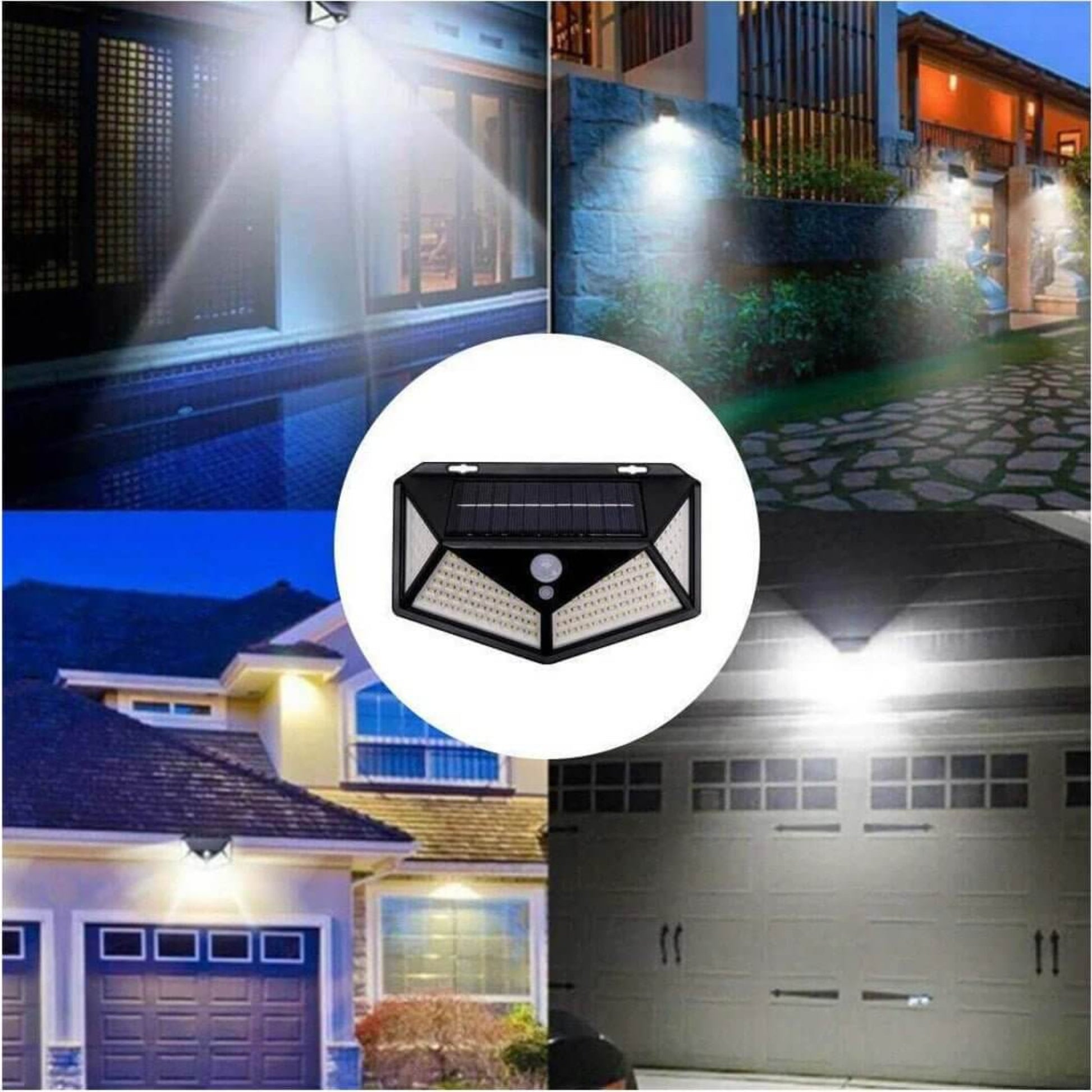 Collage of four images showing the solar wall light illuminating a garage door, a garden pathway, a front porch, and a poolside area.