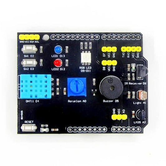 9 in 1 Arduino UNO Multi-Function Expansion Board with DHT11, LM35, LED, IR Receiver, and Buzzer modules.