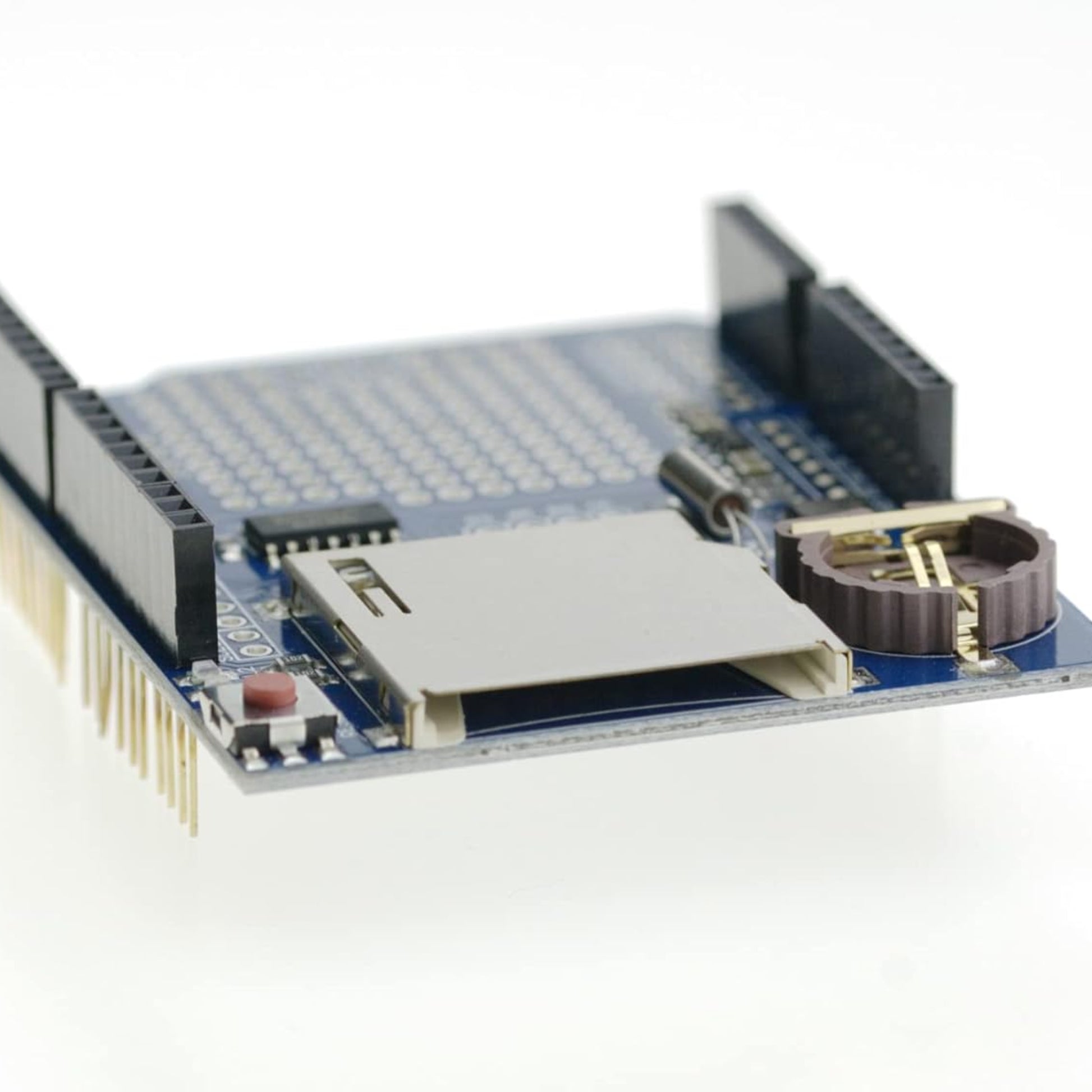 Data Logger Module Shield for Arduino with SD card interface and battery holder design.