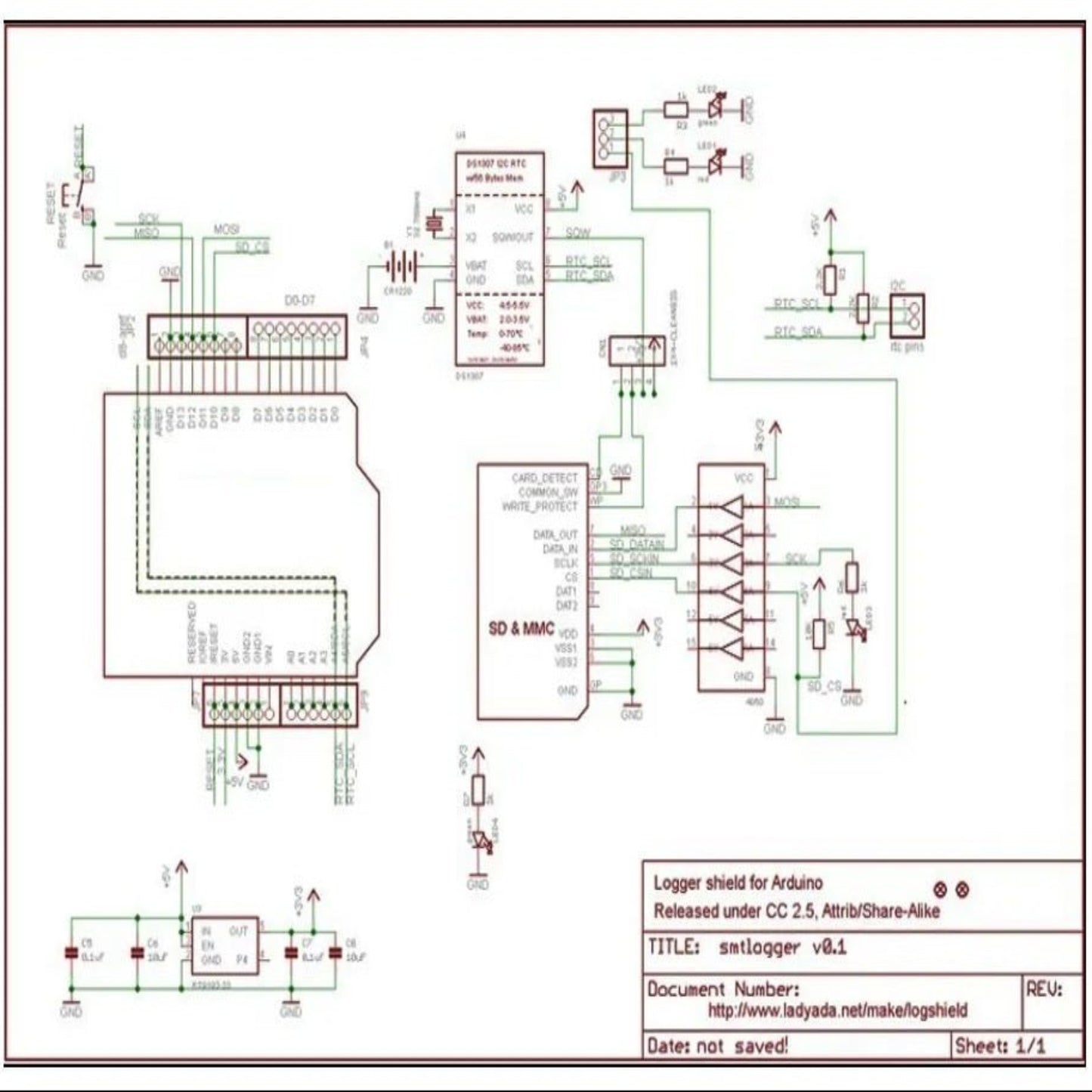 Schematic diagram of a data logger shield for Arduino with SD card interface and circuitry details.