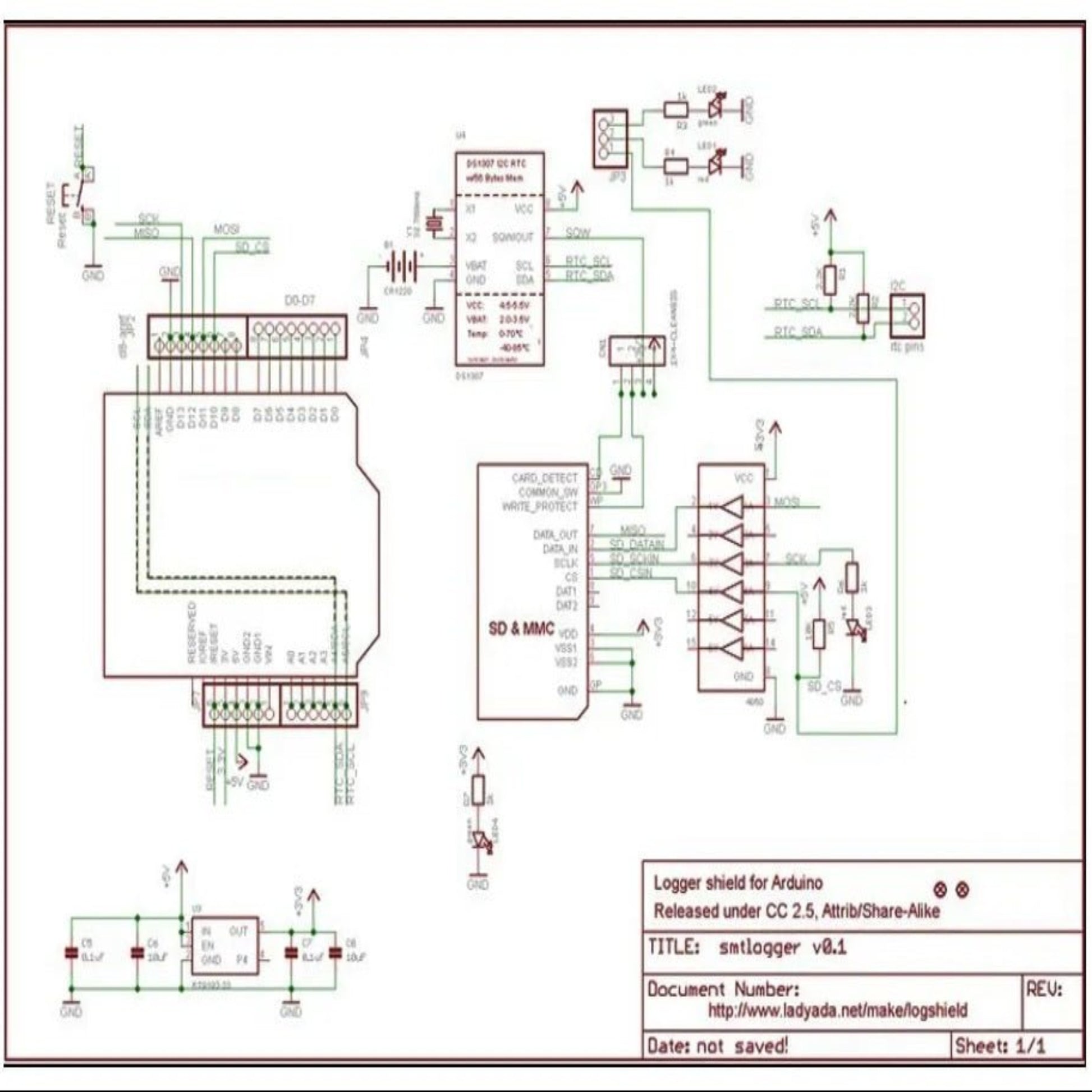 Schematic diagram of a data logger shield for Arduino with SD card interface and circuitry details.