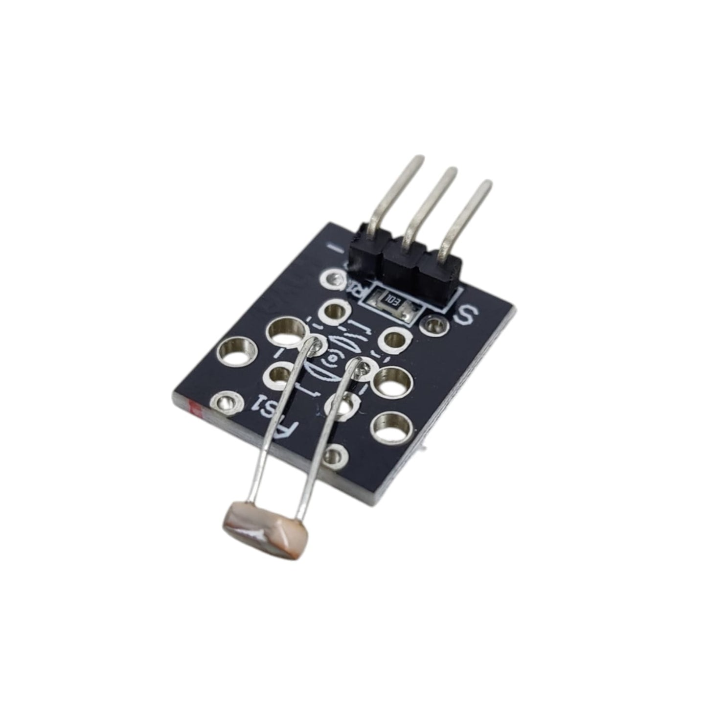 Close up of Signal, VCC, and GND pins on light sensor module