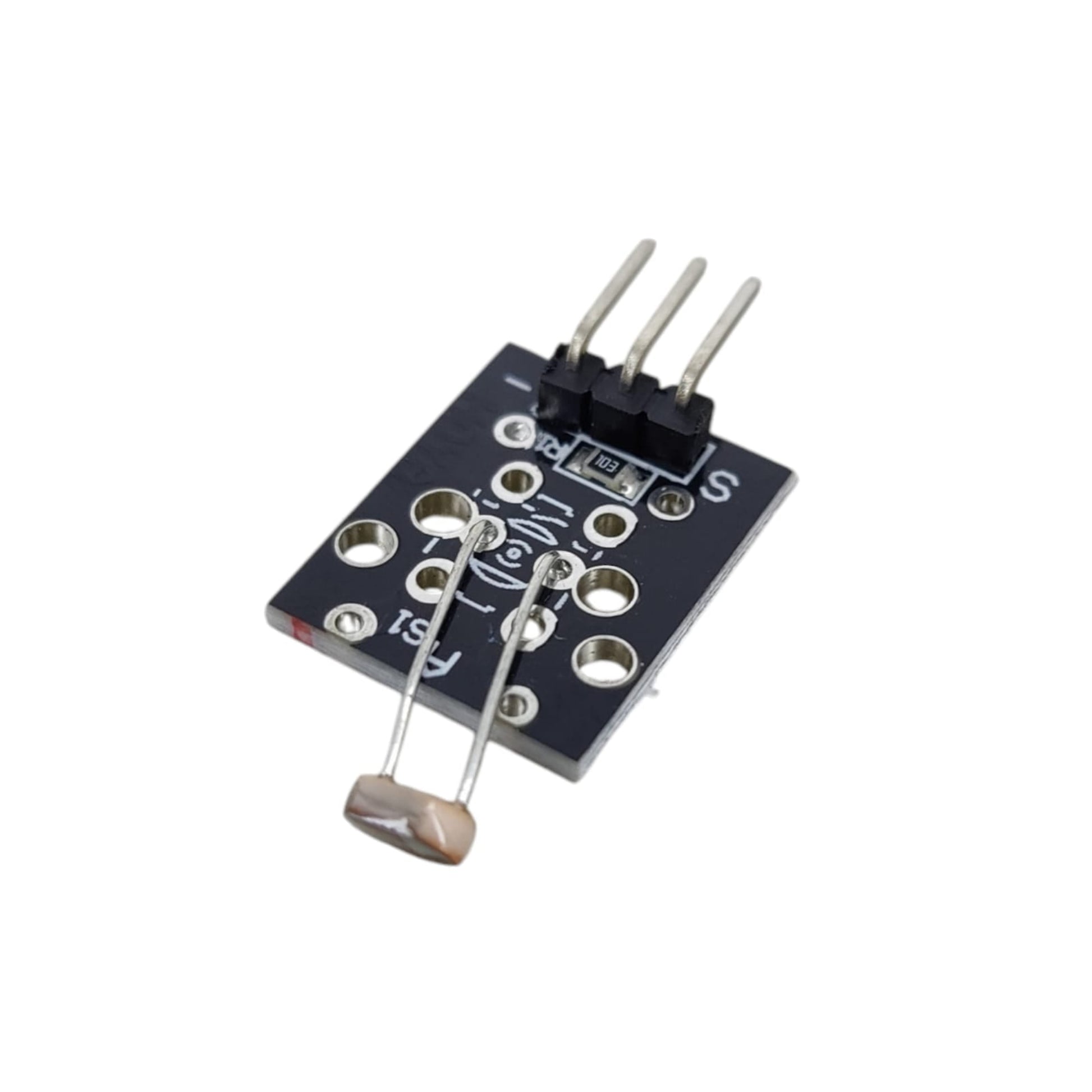 Close up of Signal, VCC, and GND pins on light sensor module