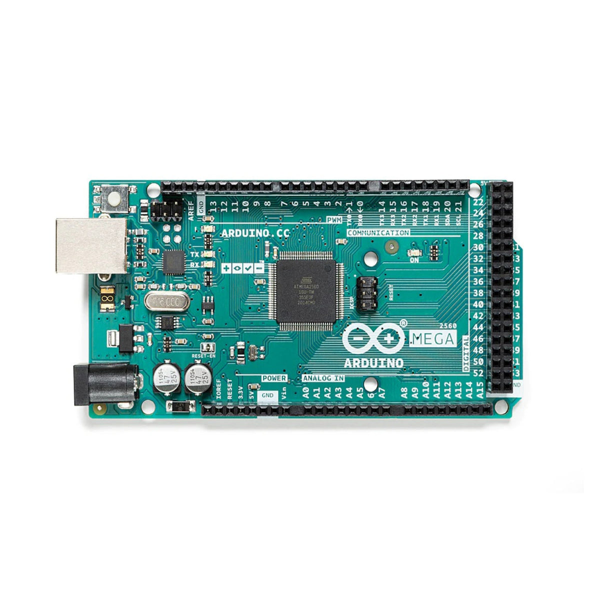 Arduino Mega 2560 Rev3 開發板頂部視圖，展示 ATmega2560 晶片及 54 組數碼 I/O 針腳，適合香港 STEM 教學。